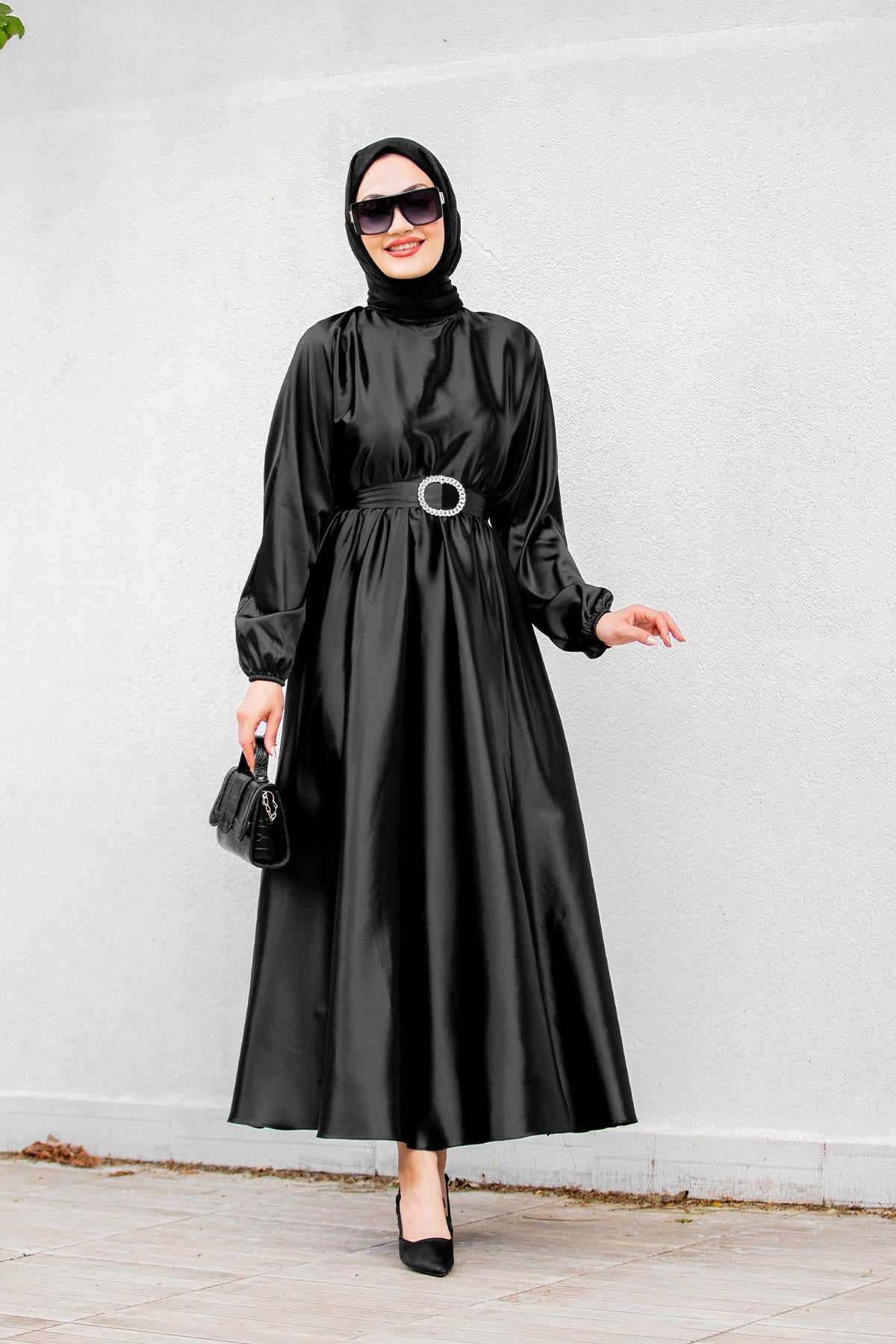 Nude Saten Mevlana Tesettür Abiye-Siyah