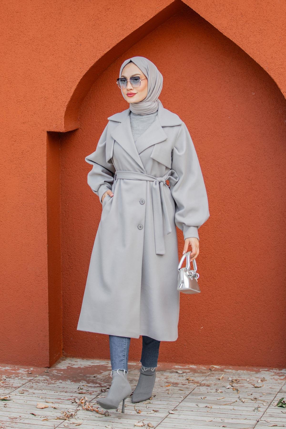 Olly Pileli Balon Kol Astarlı Kaşe Kaban-Gri