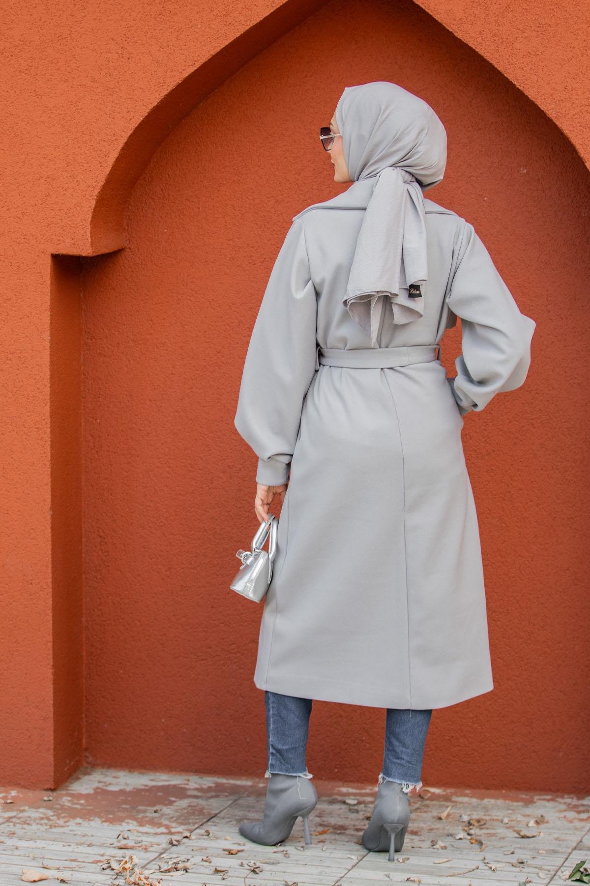 Olly Pileli Balon Kol Astarlı Kaşe Kaban-Gri