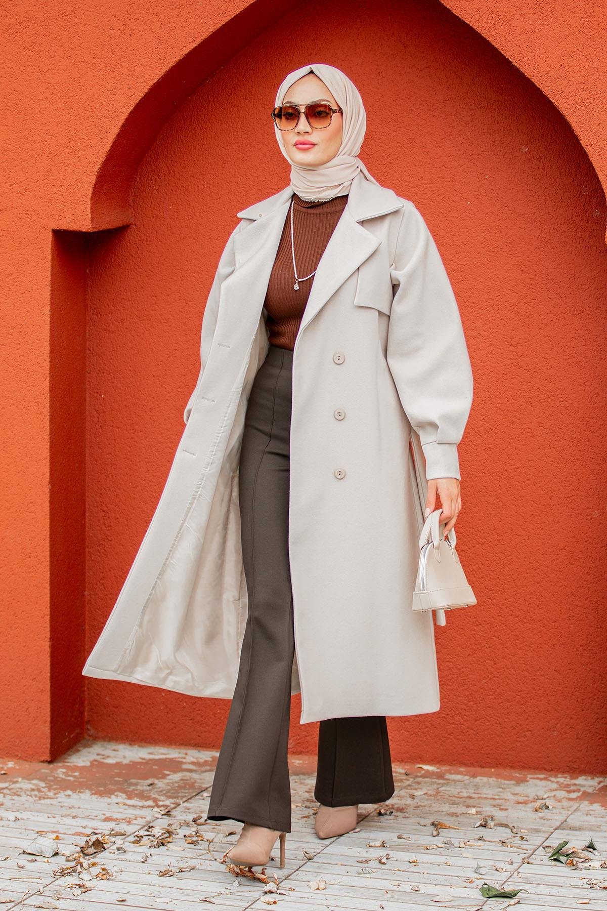 Olly Pileli Balon Kol Astarlı Kaşe Kaban-Bej