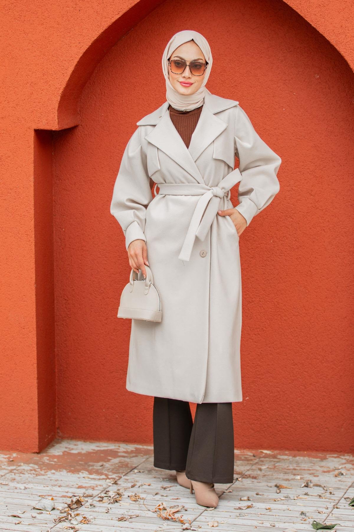 Olly Pileli Balon Kol Astarlı Kaşe Kaban-Bej