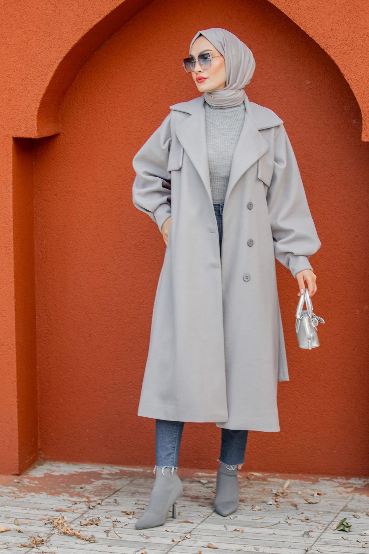 Olly Pileli Balon Kol Astarlı Kaşe Kaban-Gri