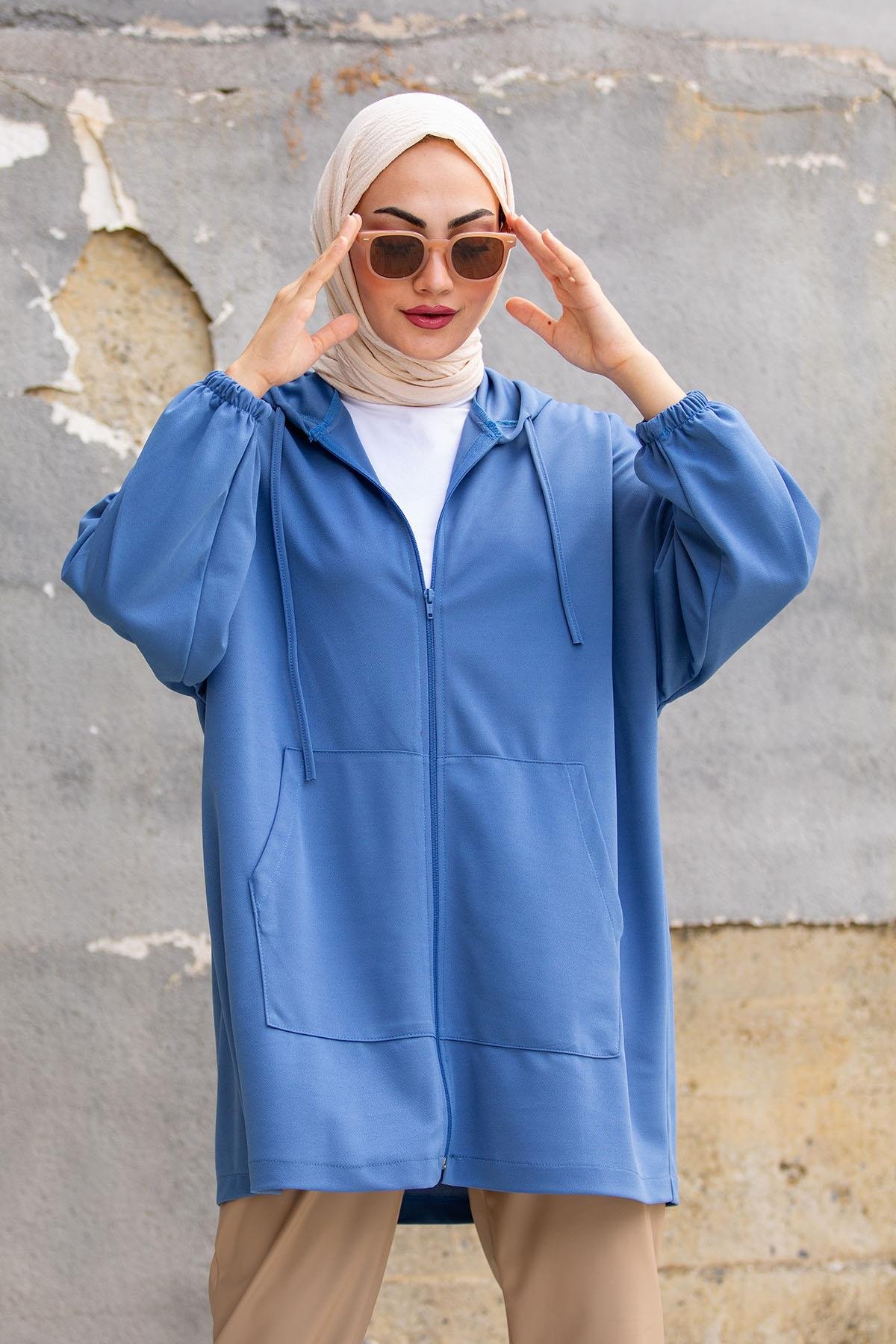 Oversize Kalıp Scuba Krep Hırka-İndigo