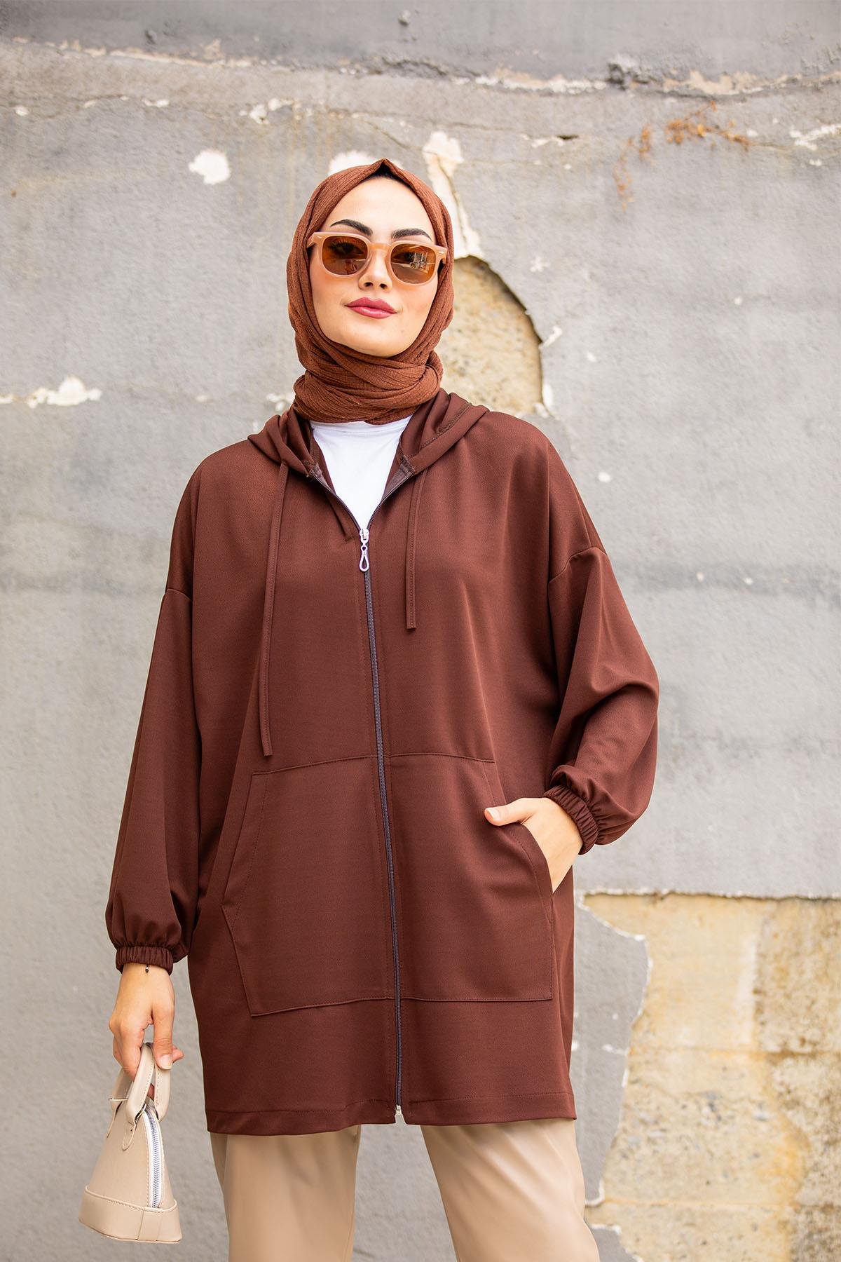 Oversize Kalıp Scuba Krep Hırka-Kahverengi