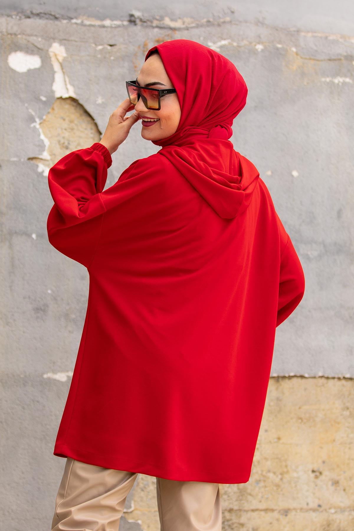 Oversize Kalıp Scuba Krep Hırka-Kırmızı
