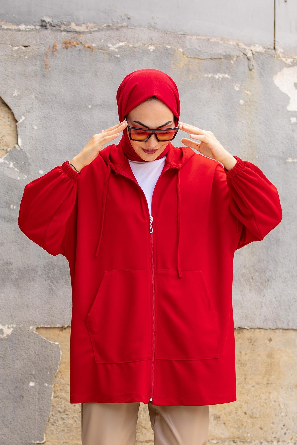 Oversize Kalıp Scuba Krep Hırka-Kırmızı