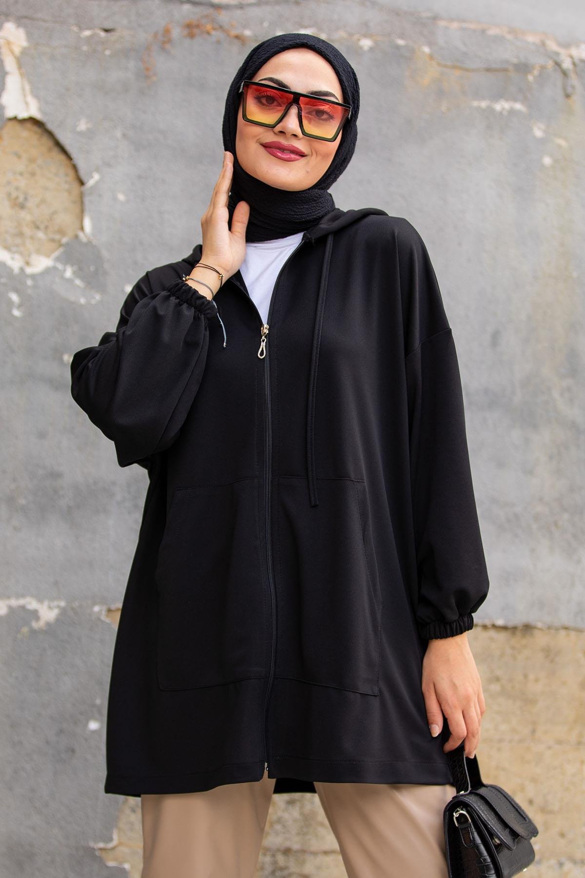 Oversize Kalıp Scuba Krep Hırka-Siyah