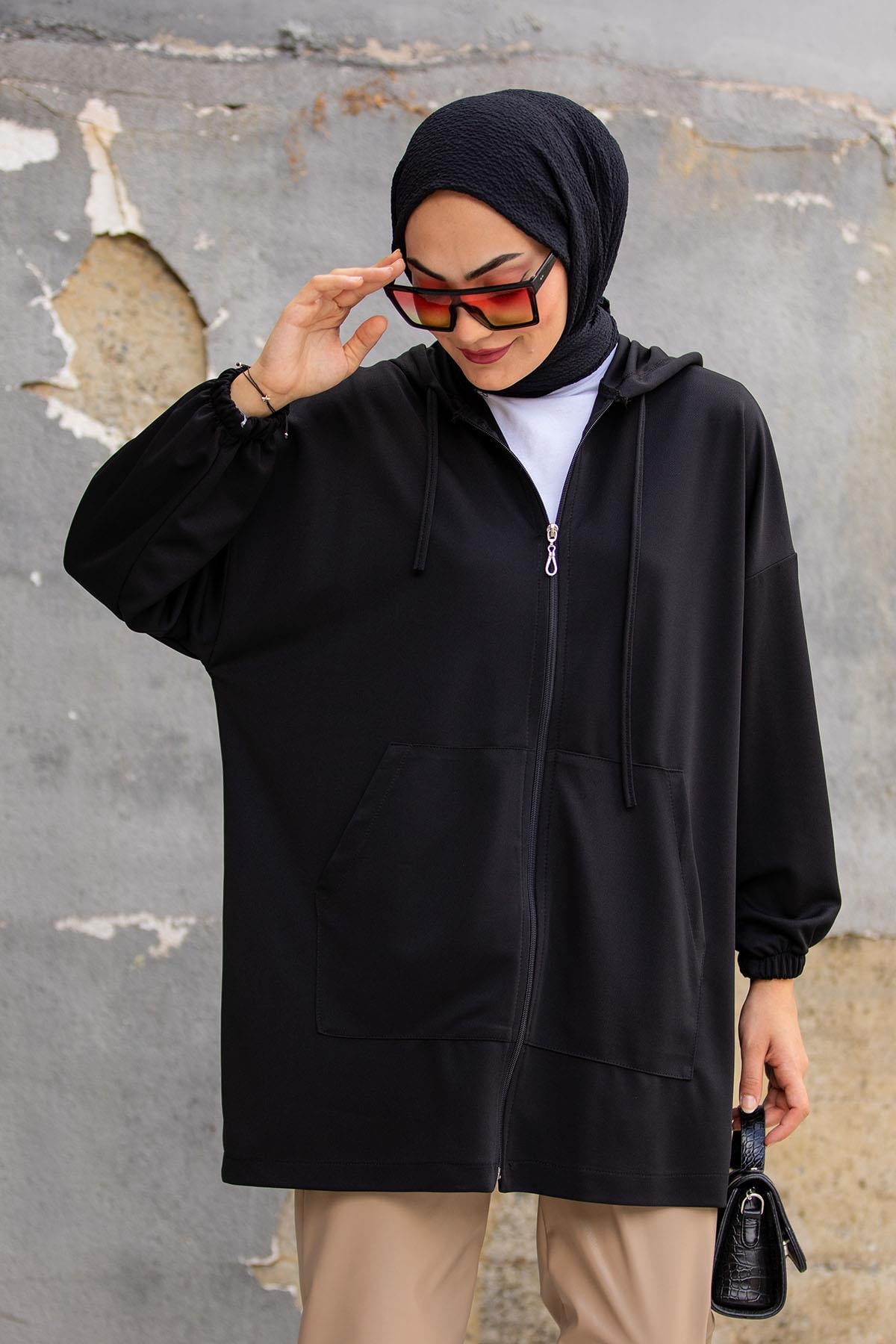 Oversize Kalıp Scuba Krep Hırka-Siyah