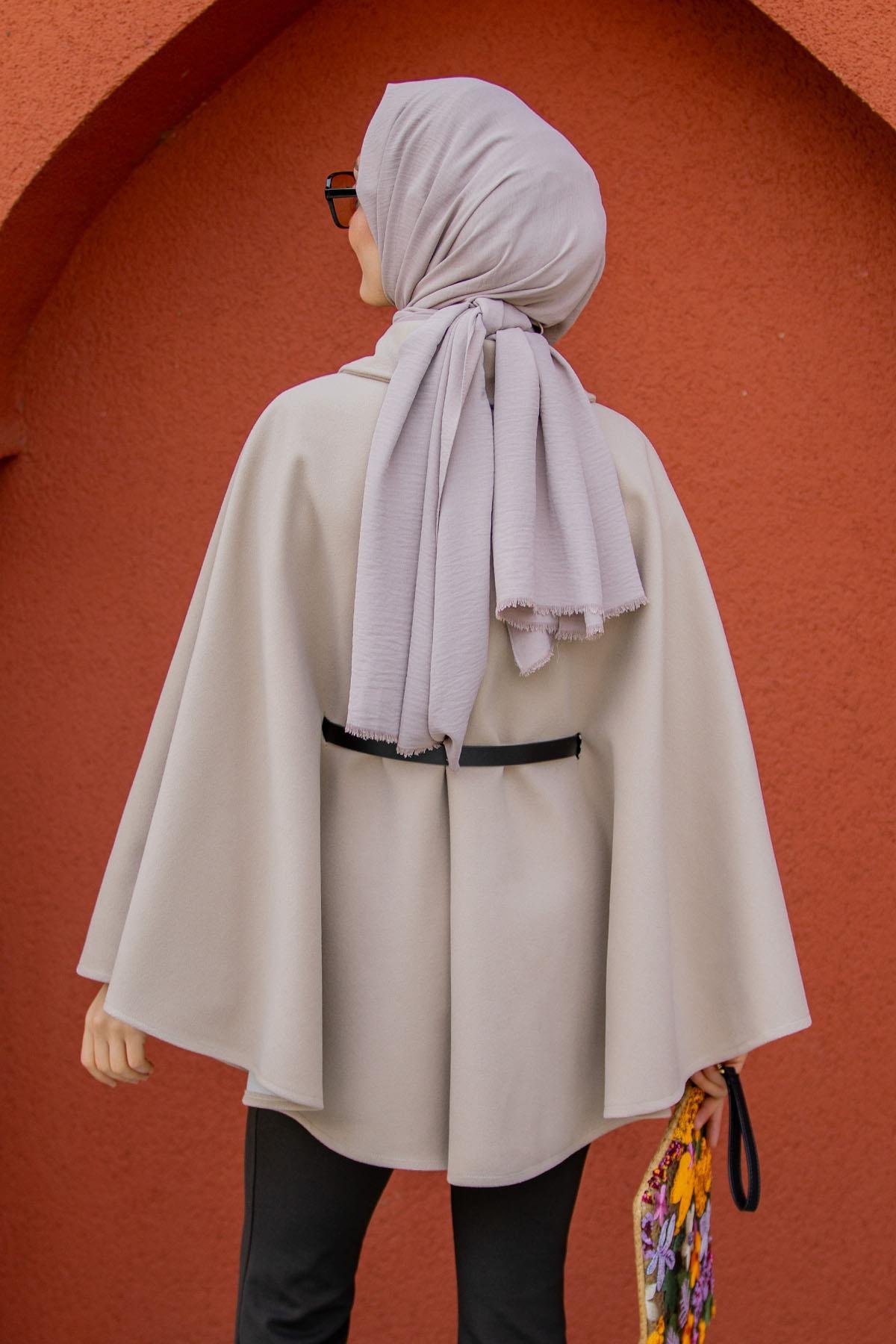 Pamuk Kaşe Kemer Detaylı Pelerin-Bej