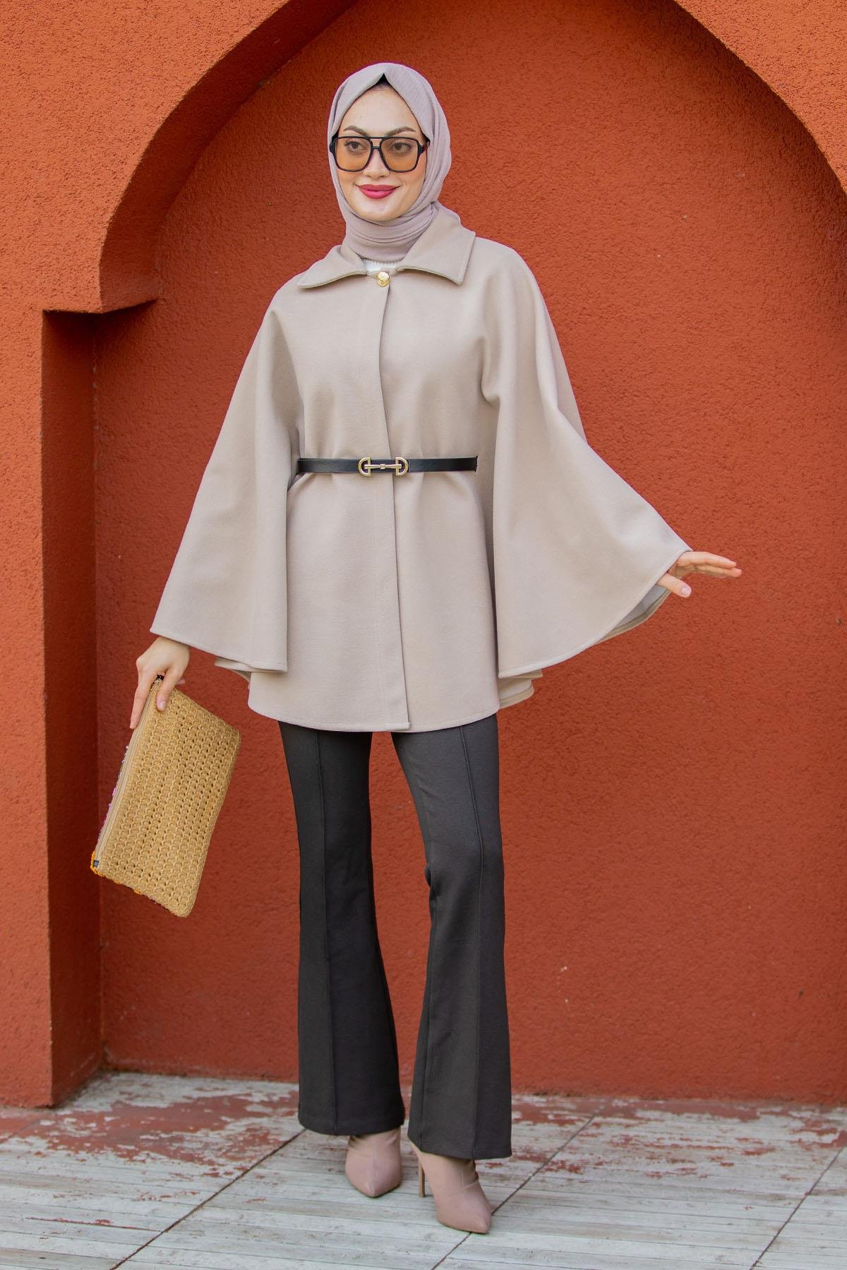 Pamuk Kaşe Kemer Detaylı Pelerin-Bej