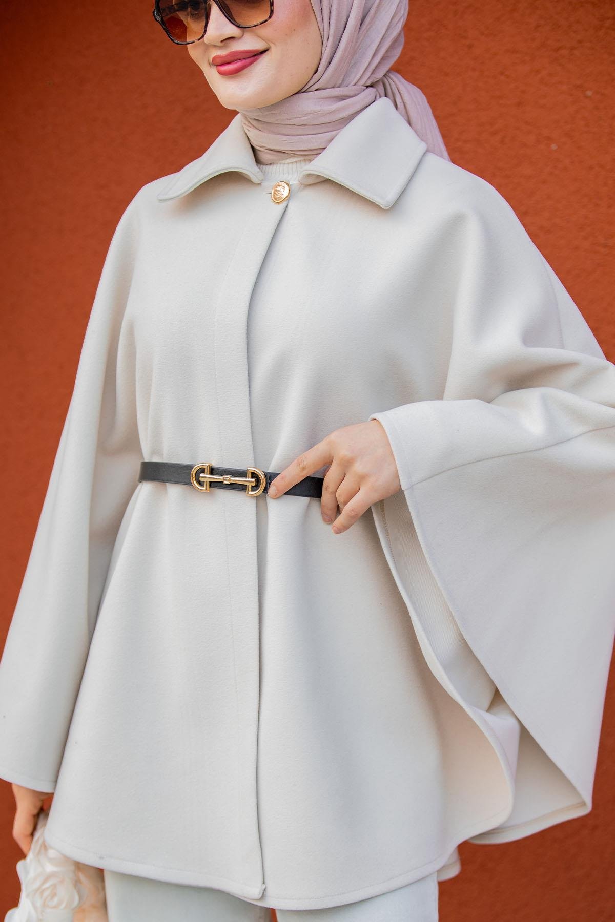 Pamuk Kaşe Kemer Detaylı Pelerin-Ekru