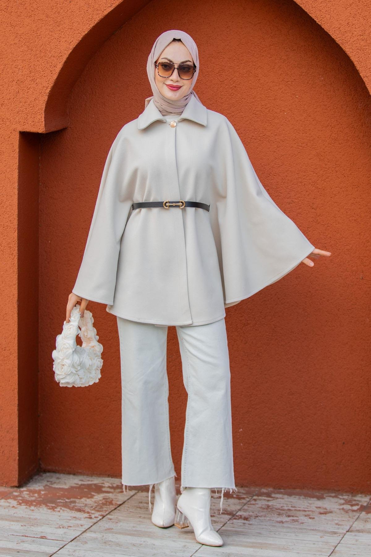 Pamuk Kaşe Kemer Detaylı Pelerin-Ekru