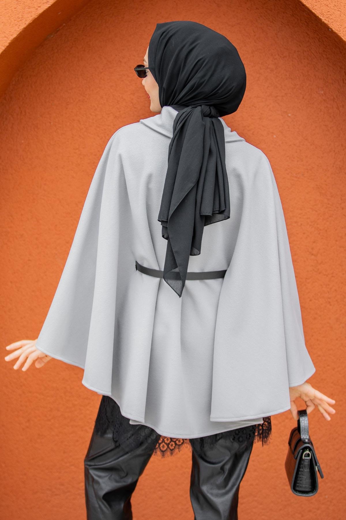 Pamuk Kaşe Kemer Detaylı Pelerin-Gri