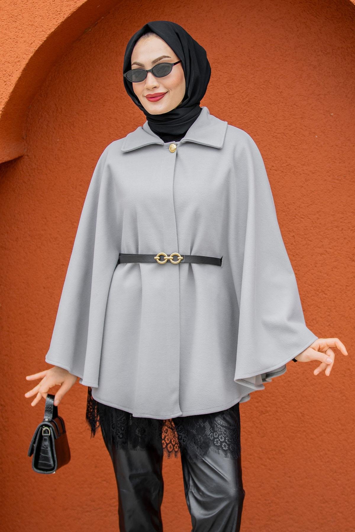 Pamuk Kaşe Kemer Detaylı Pelerin-Gri