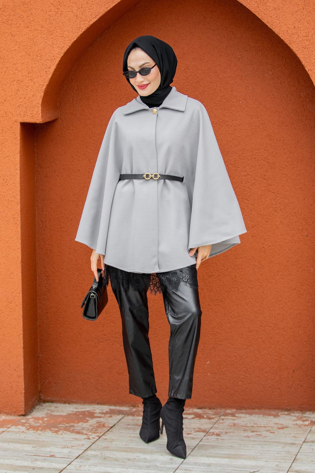 Pamuk Kaşe Kemer Detaylı Pelerin-Gri