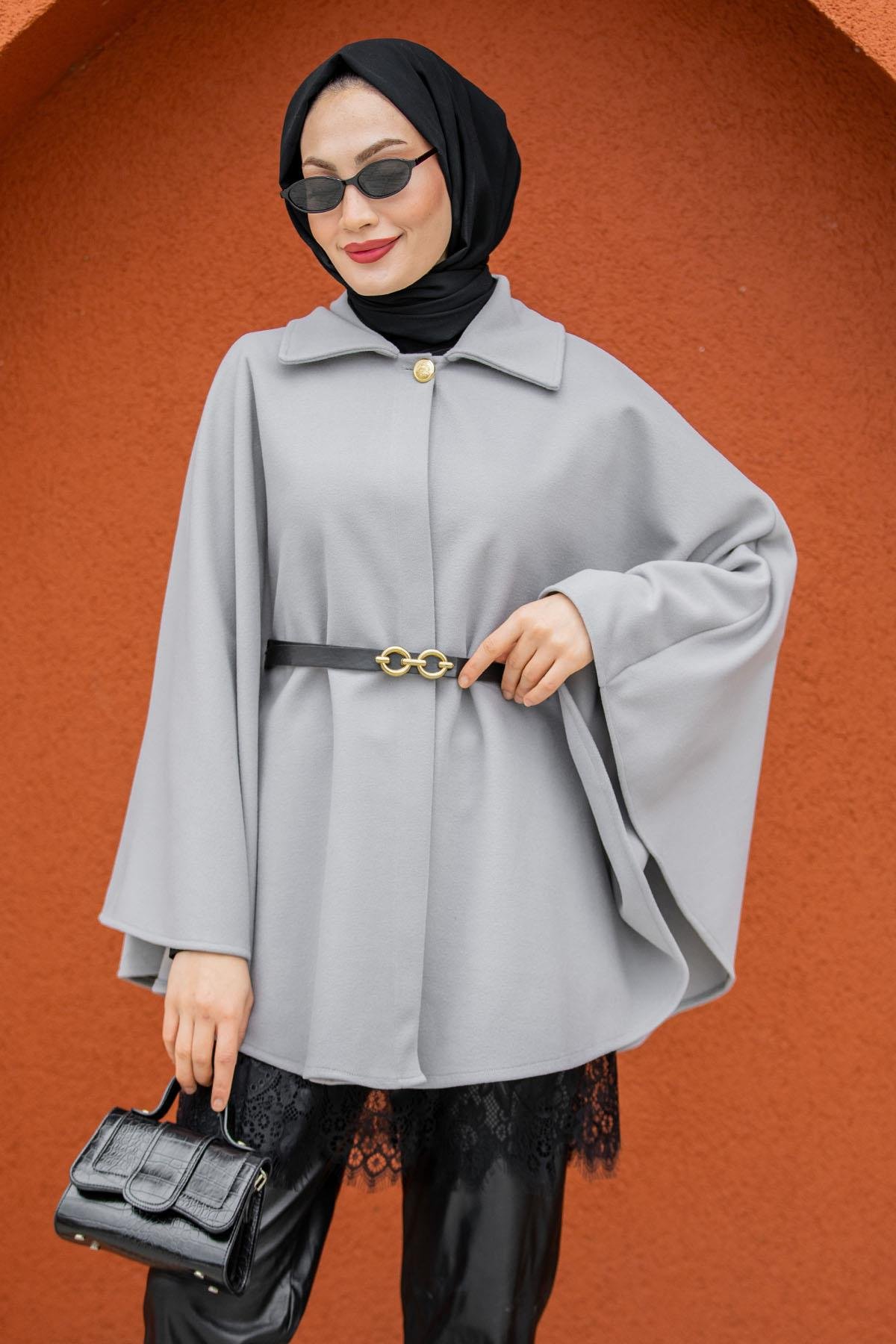 Pamuk Kaşe Kemer Detaylı Pelerin-Gri