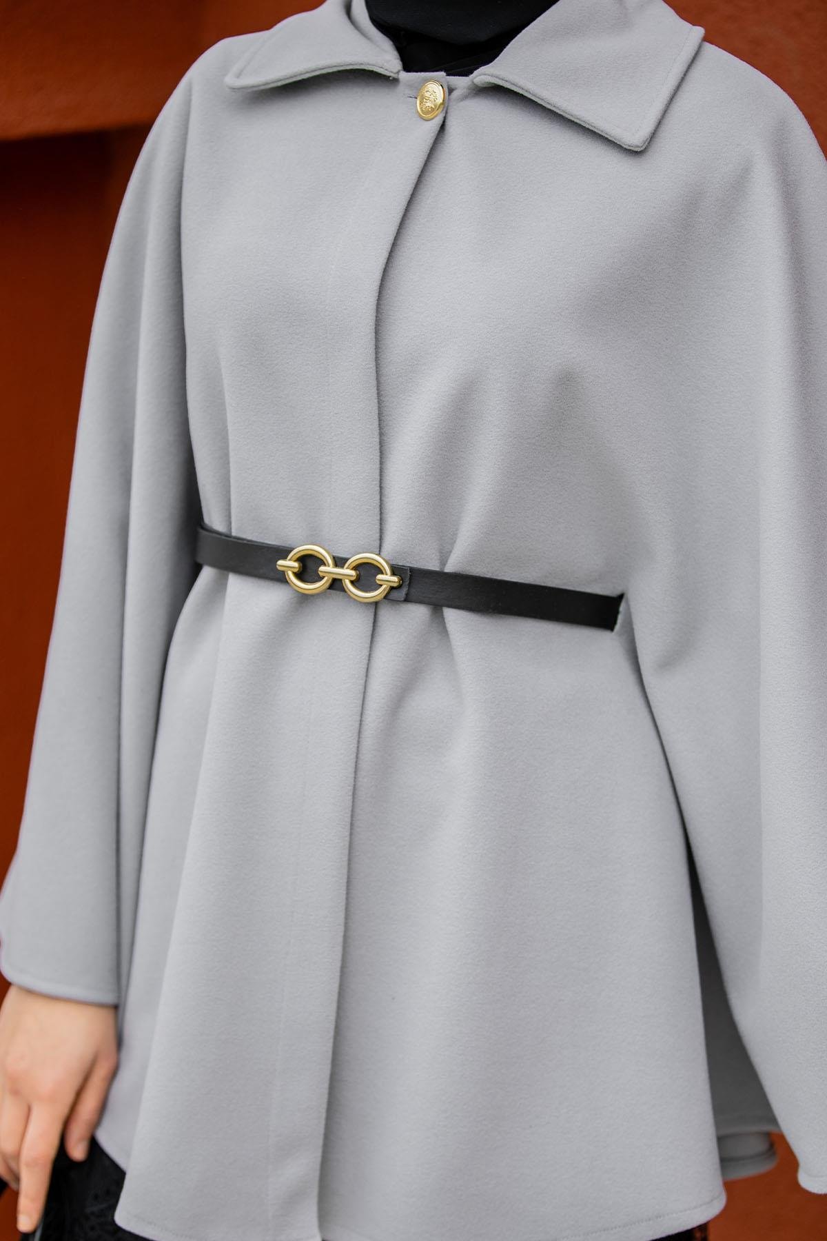 Pamuk Kaşe Kemer Detaylı Pelerin-Gri