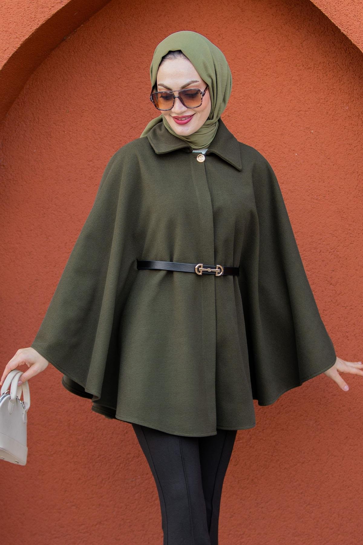 Pamuk Kaşe Kemer Detaylı Pelerin-Haki