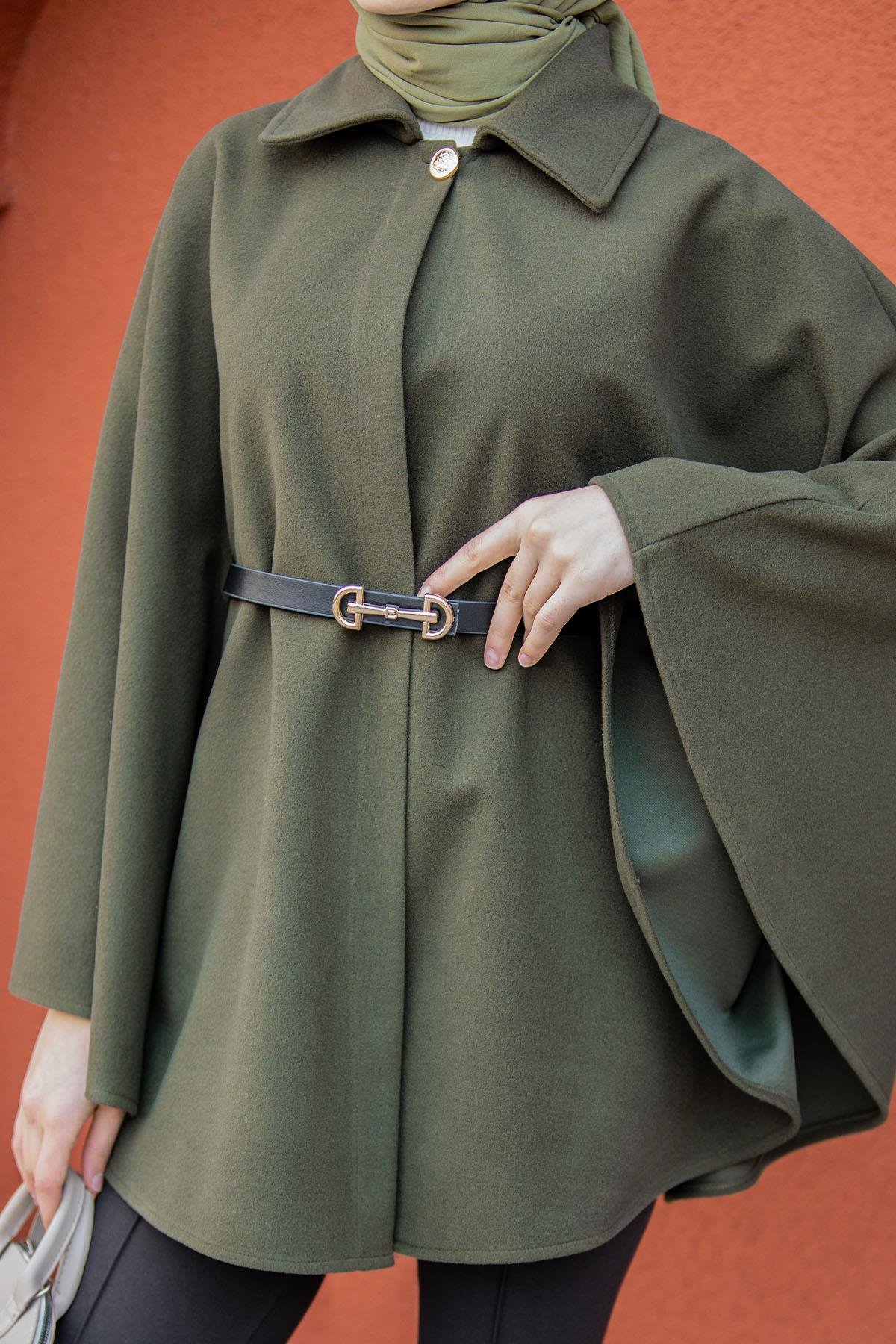 Pamuk Kaşe Kemer Detaylı Pelerin-Haki