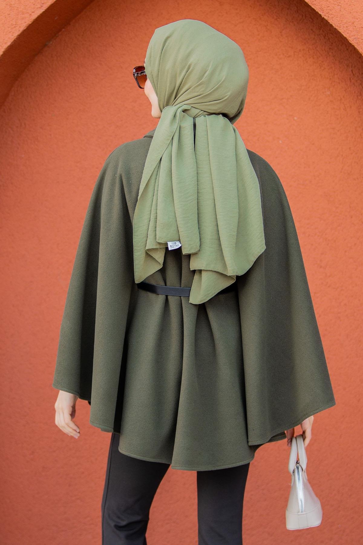 Pamuk Kaşe Kemer Detaylı Pelerin-Haki