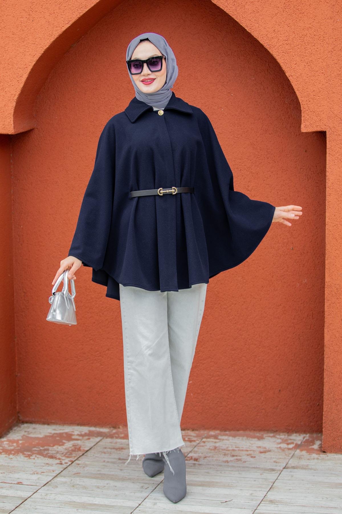 Pamuk Kaşe Kemer Detaylı Pelerin-Laci