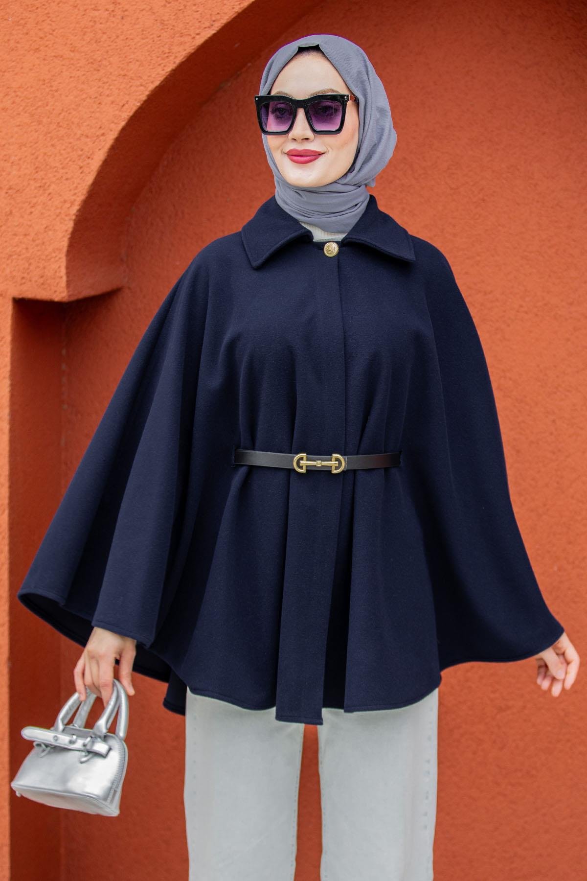 Pamuk Kaşe Kemer Detaylı Pelerin-Laci