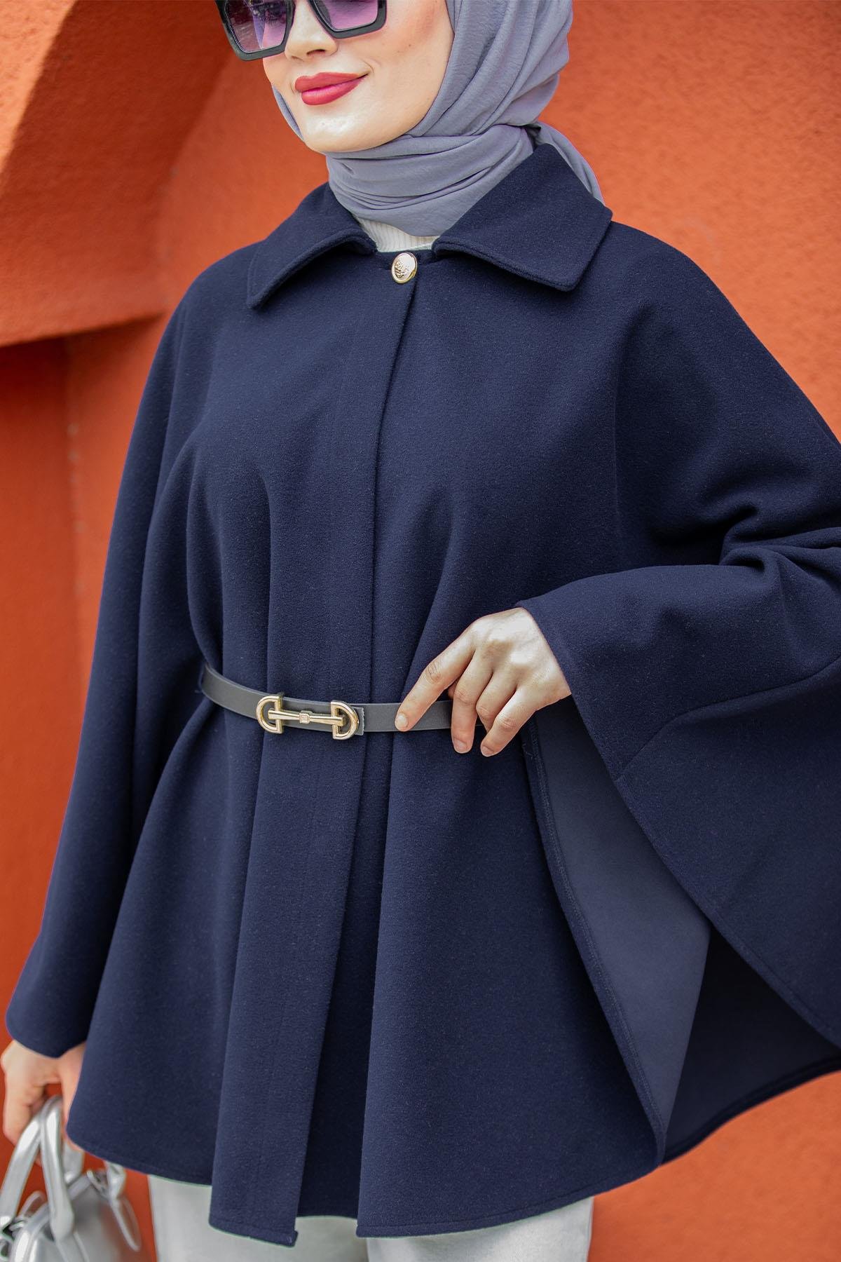 Pamuk Kaşe Kemer Detaylı Pelerin-Laci