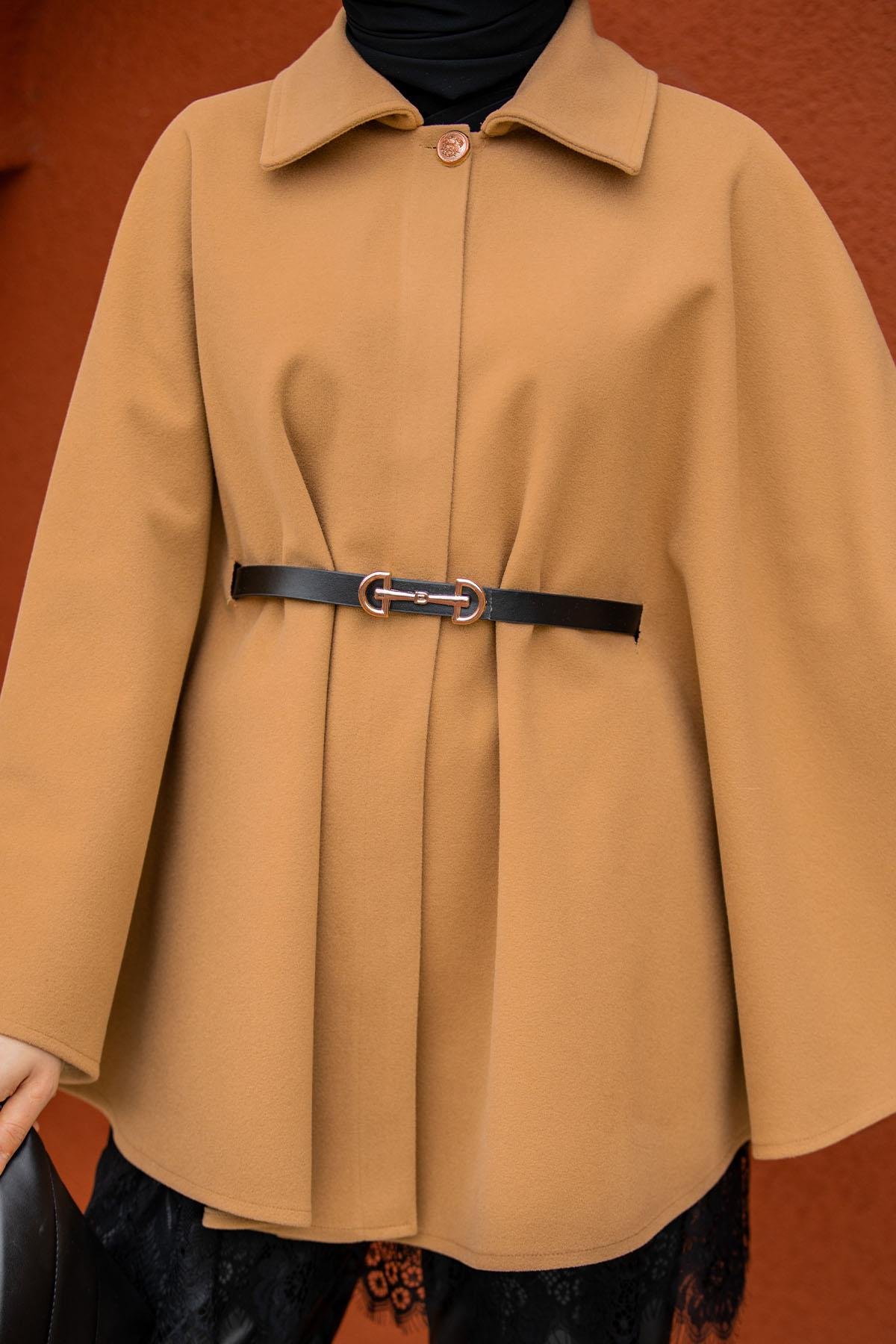 Pamuk Kaşe Kemer Detaylı Pelerin-Taba