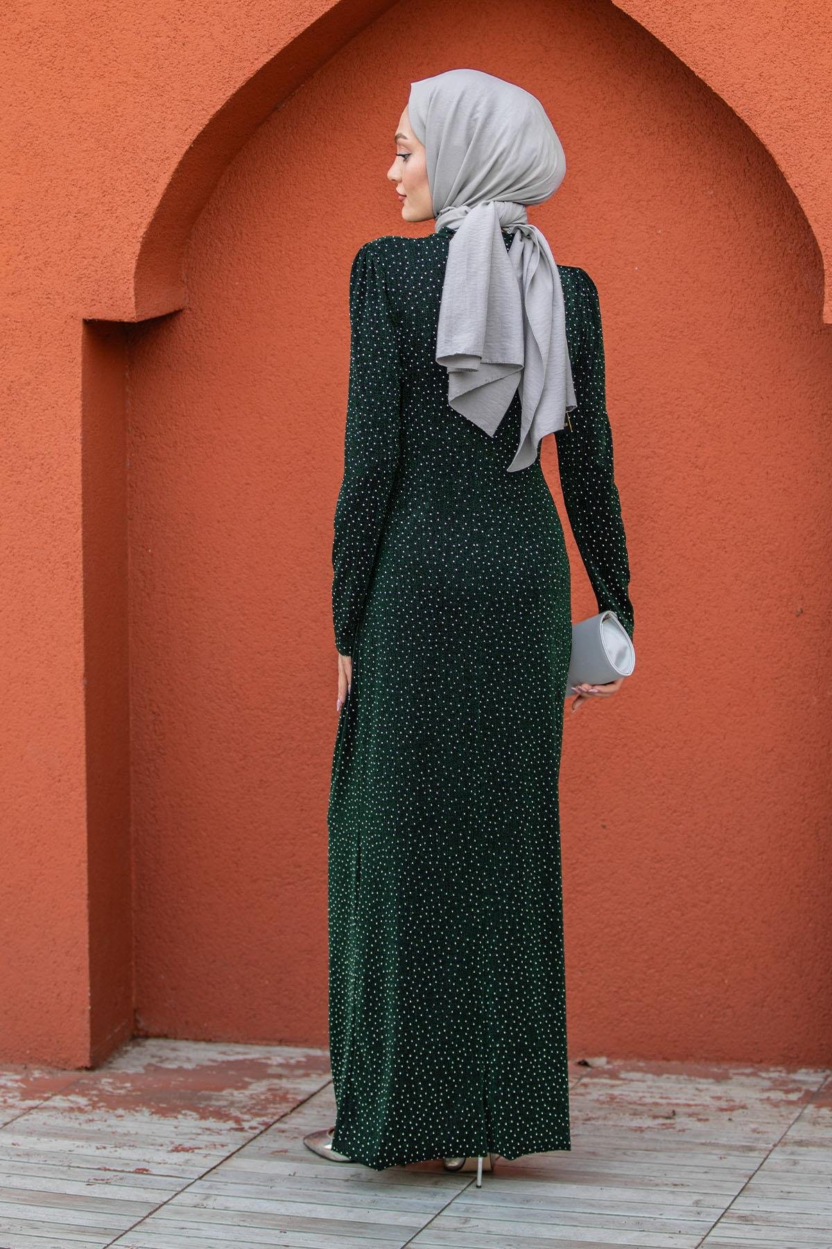 Parıltı Taşlı Drapeli Tesettür Abiye-Haki