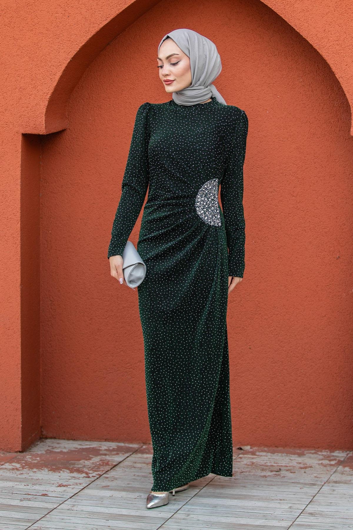 Parıltı Taşlı Drapeli Tesettür Abiye-Haki