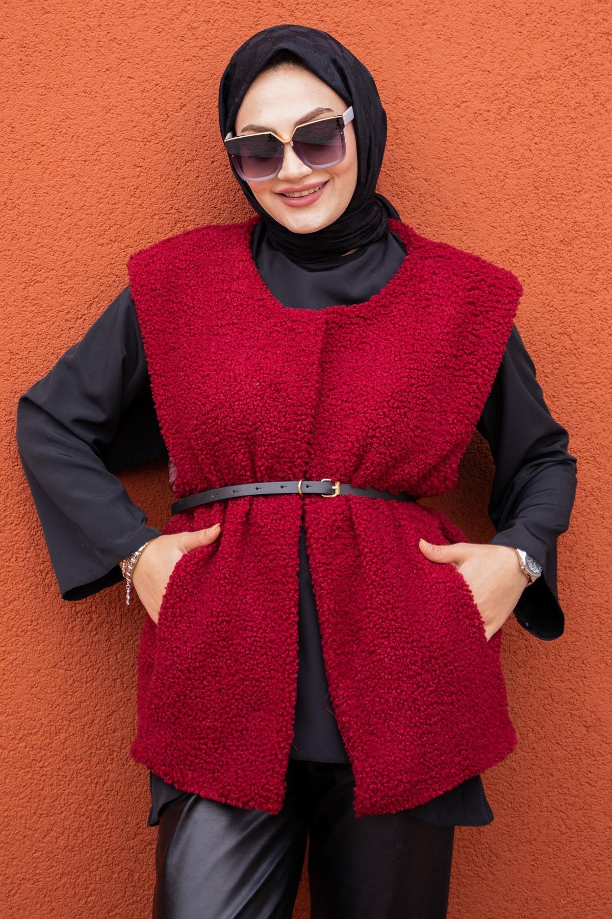 Peluş Oversize Kemerli Yelek-Bordo