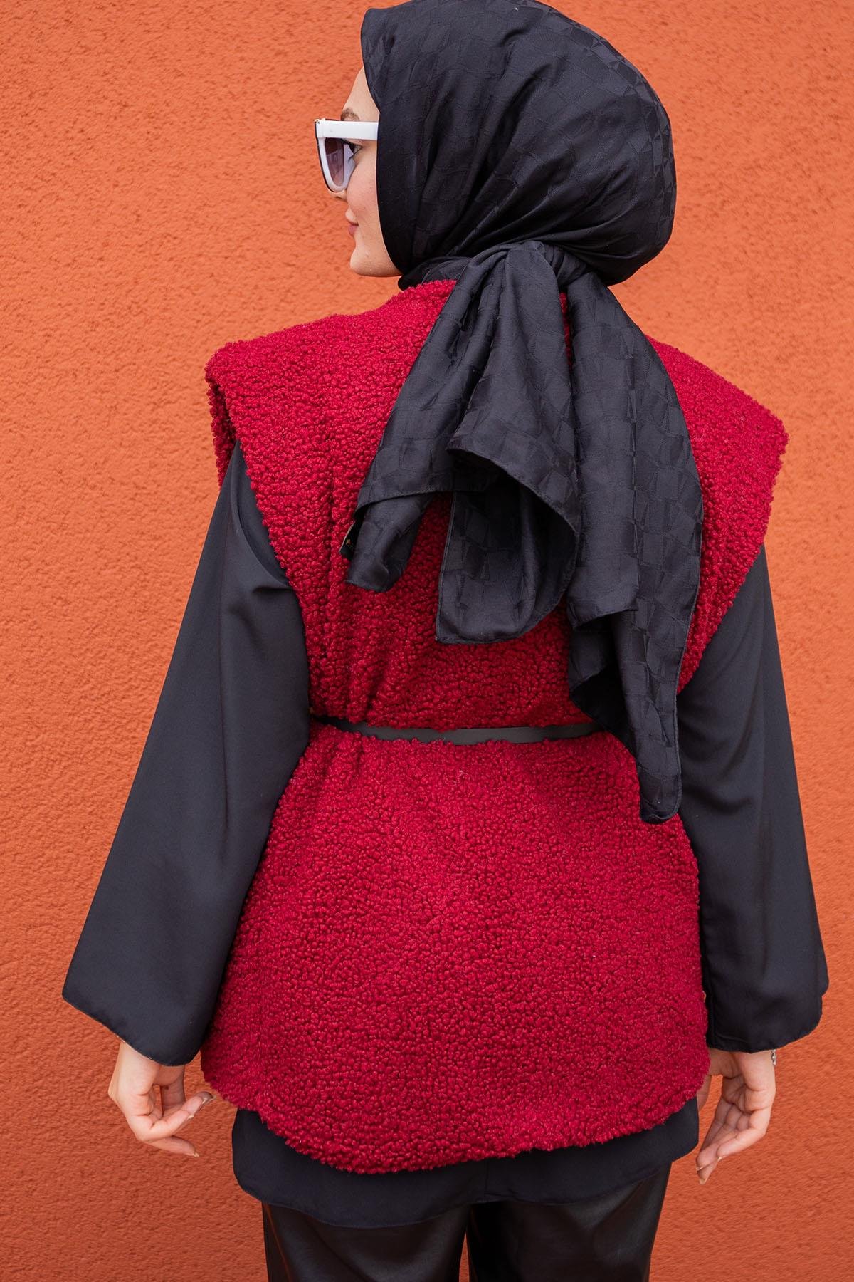 Peluş Oversize Kemerli Yelek-Bordo