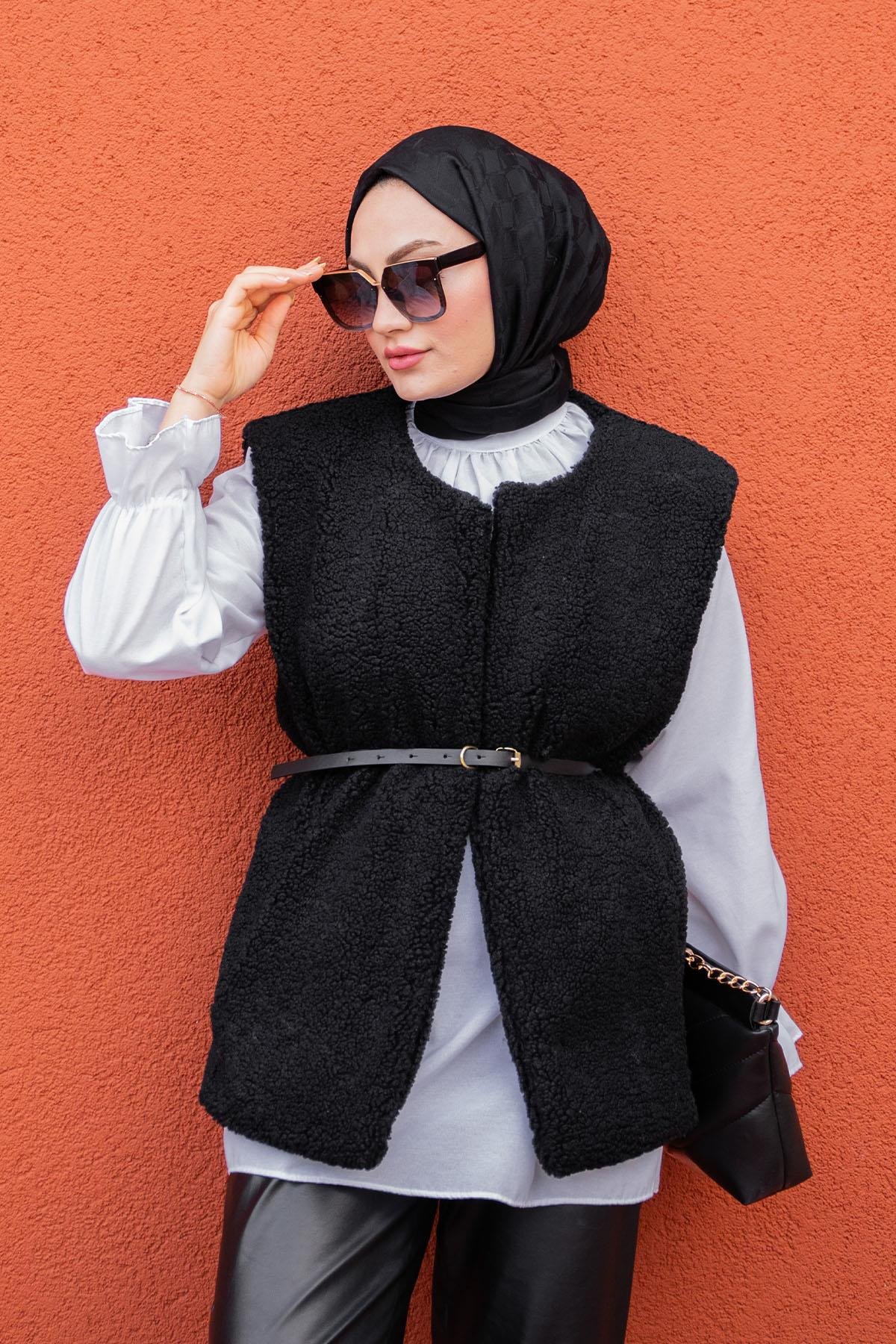 Peluş Oversize Kemerli Yelek-Siyah
