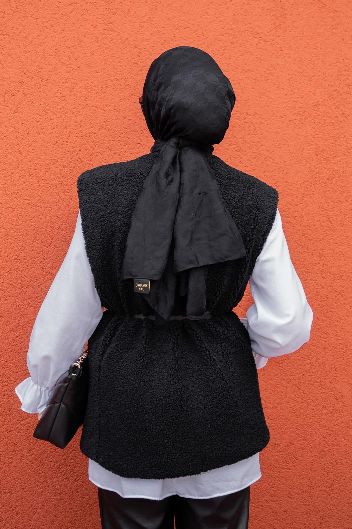 Peluş Oversize Kemerli Yelek-Siyah