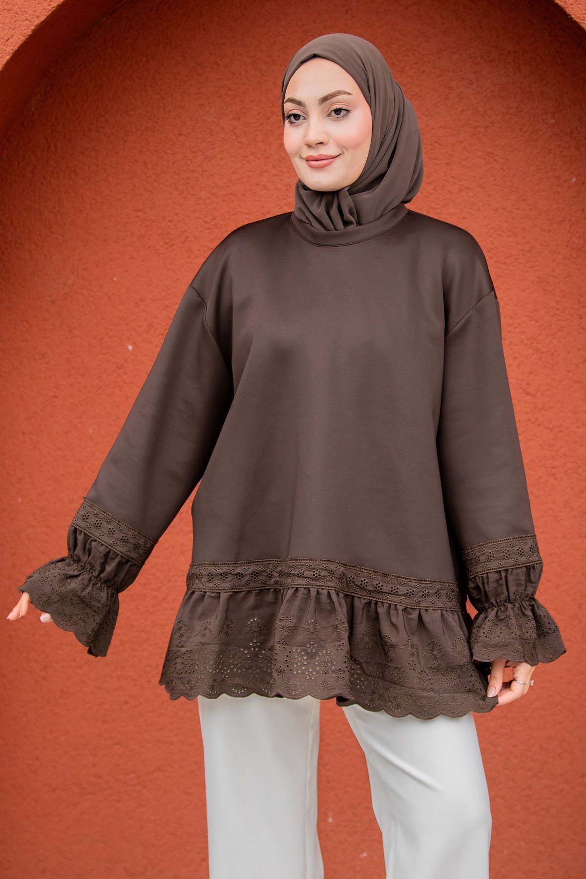 Pity Güpür Detaylı Modal Sweat-Kahve