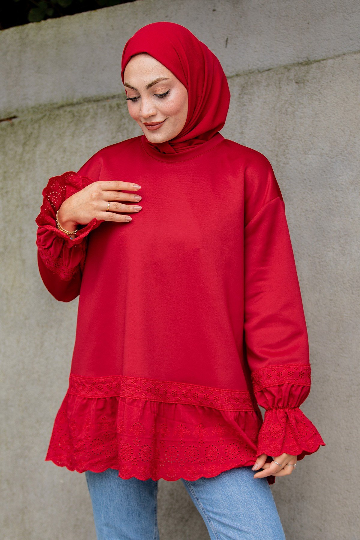 Pity Güpür Detaylı Modal Sweat-Kırmızı