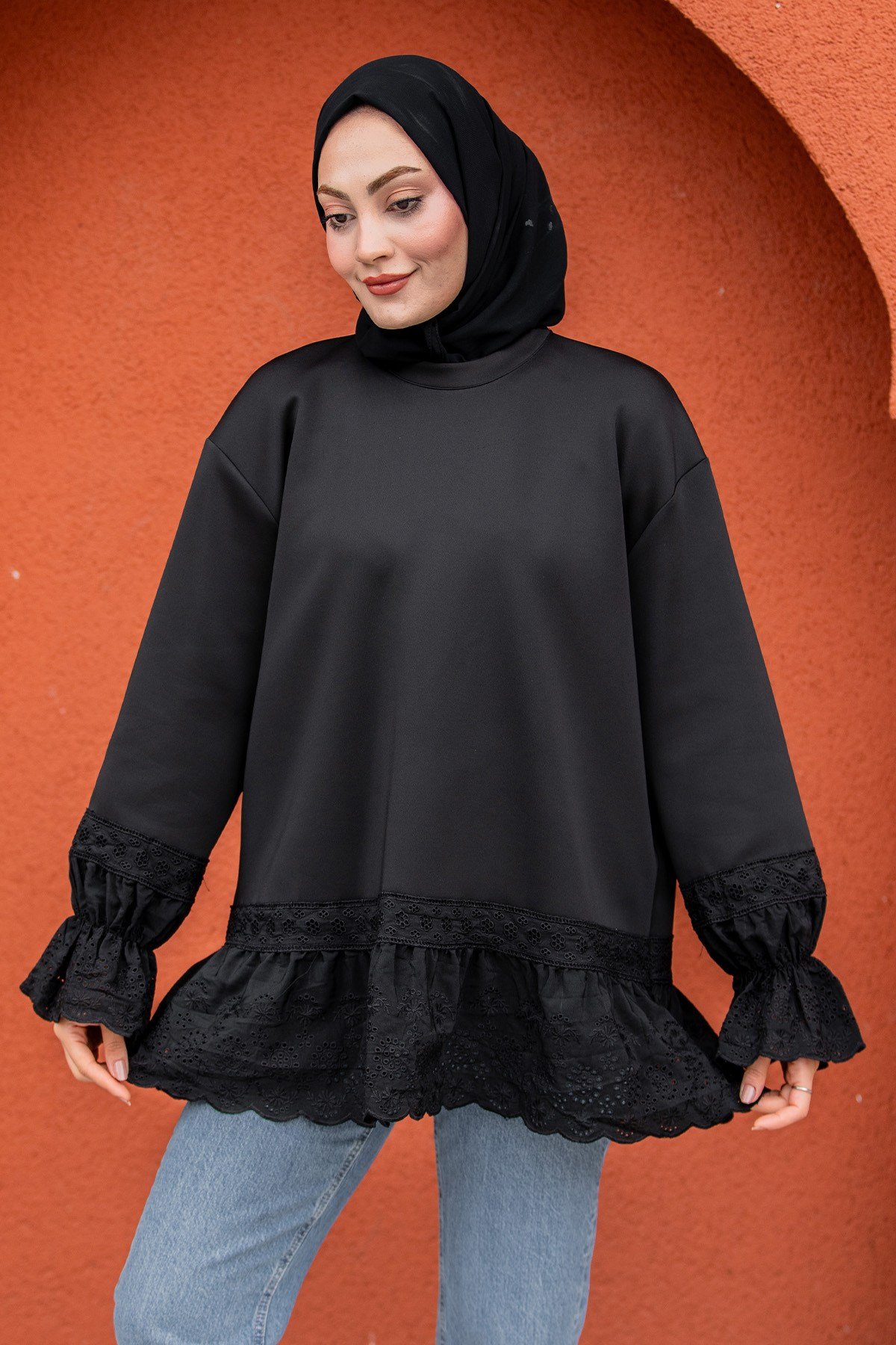 Pity Güpür Detaylı Modal Sweat-Siyah