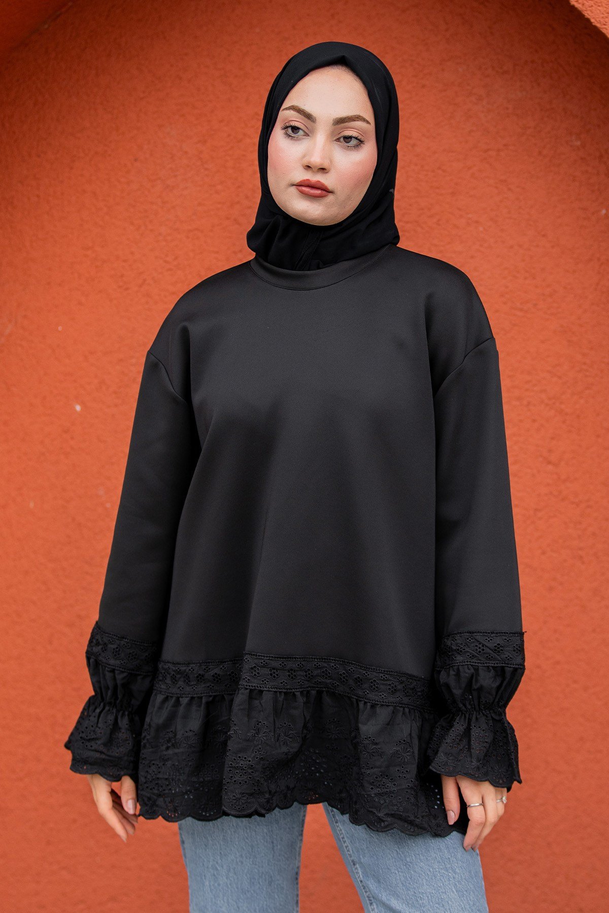 Pity Güpür Detaylı Modal Sweat-Siyah
