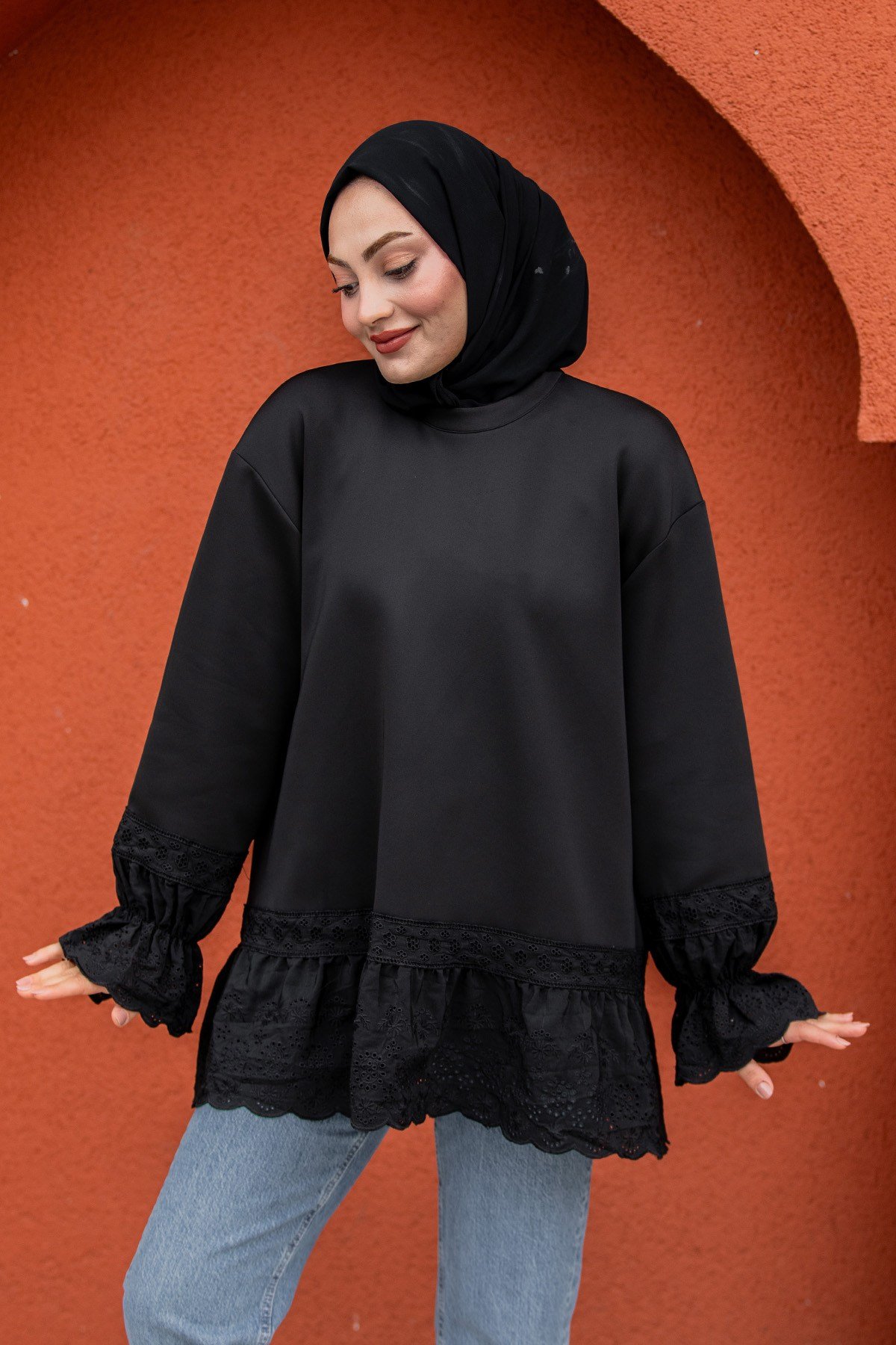 Pity Güpür Detaylı Modal Sweat-Siyah