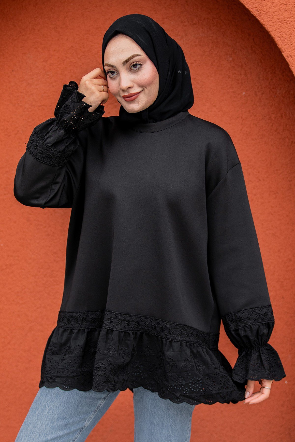 Pity Güpür Detaylı Modal Sweat-Siyah