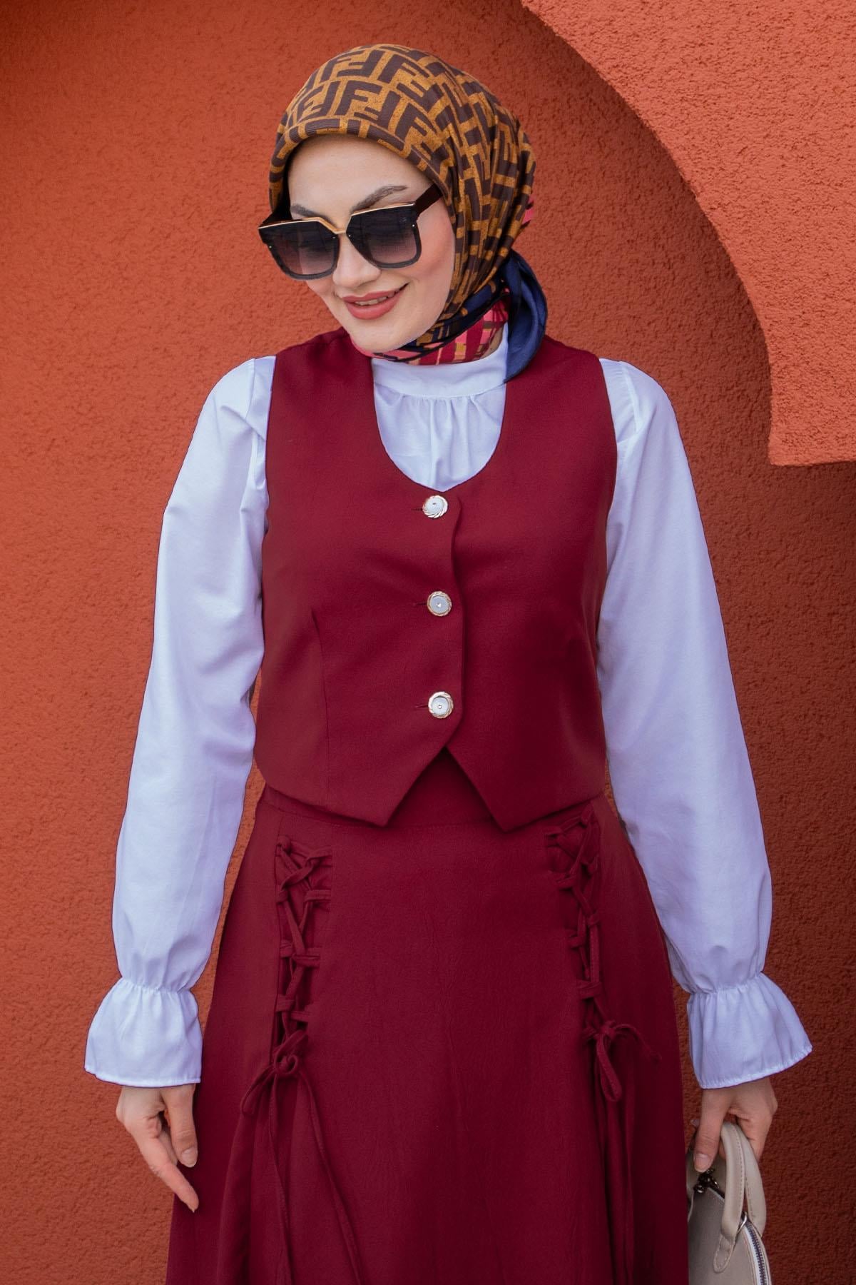 Qiss Etek Bağlamalı Yelekli Takım-Bordo