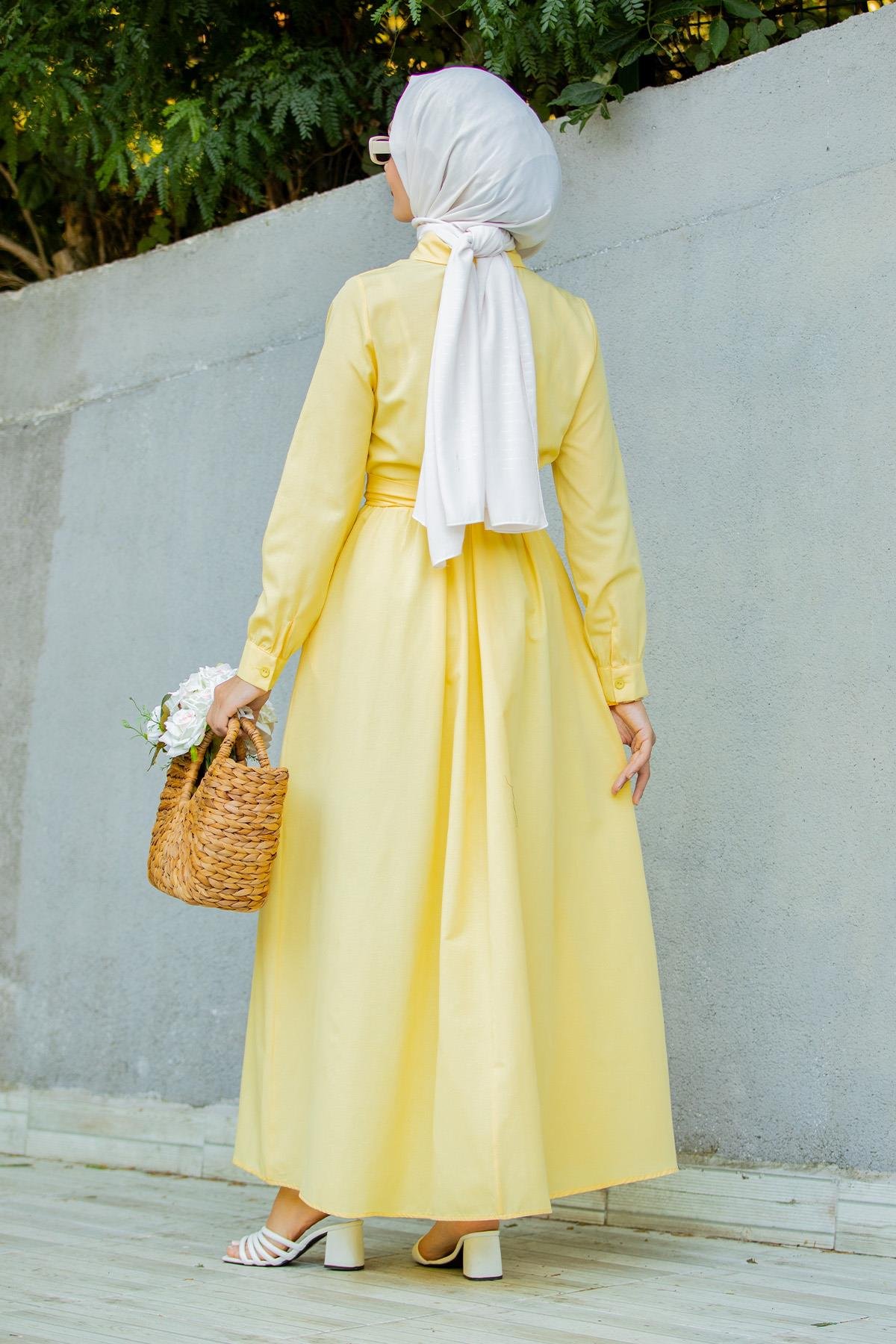 Qua Pamuk Cotton Bağlamalı Elbise-Sarı