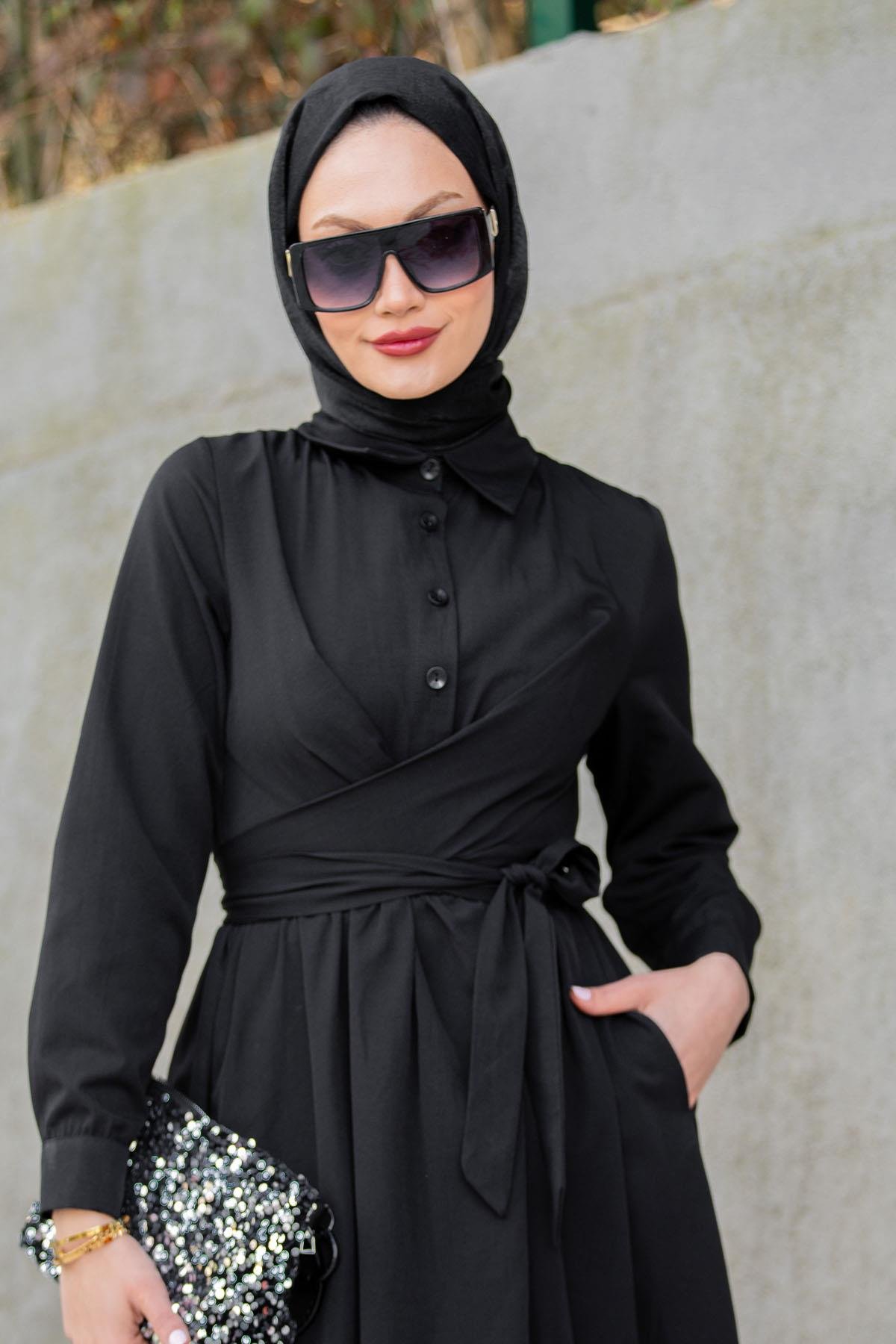 Qua Pamuk Cotton Bağlamalı Elbise-Siyah