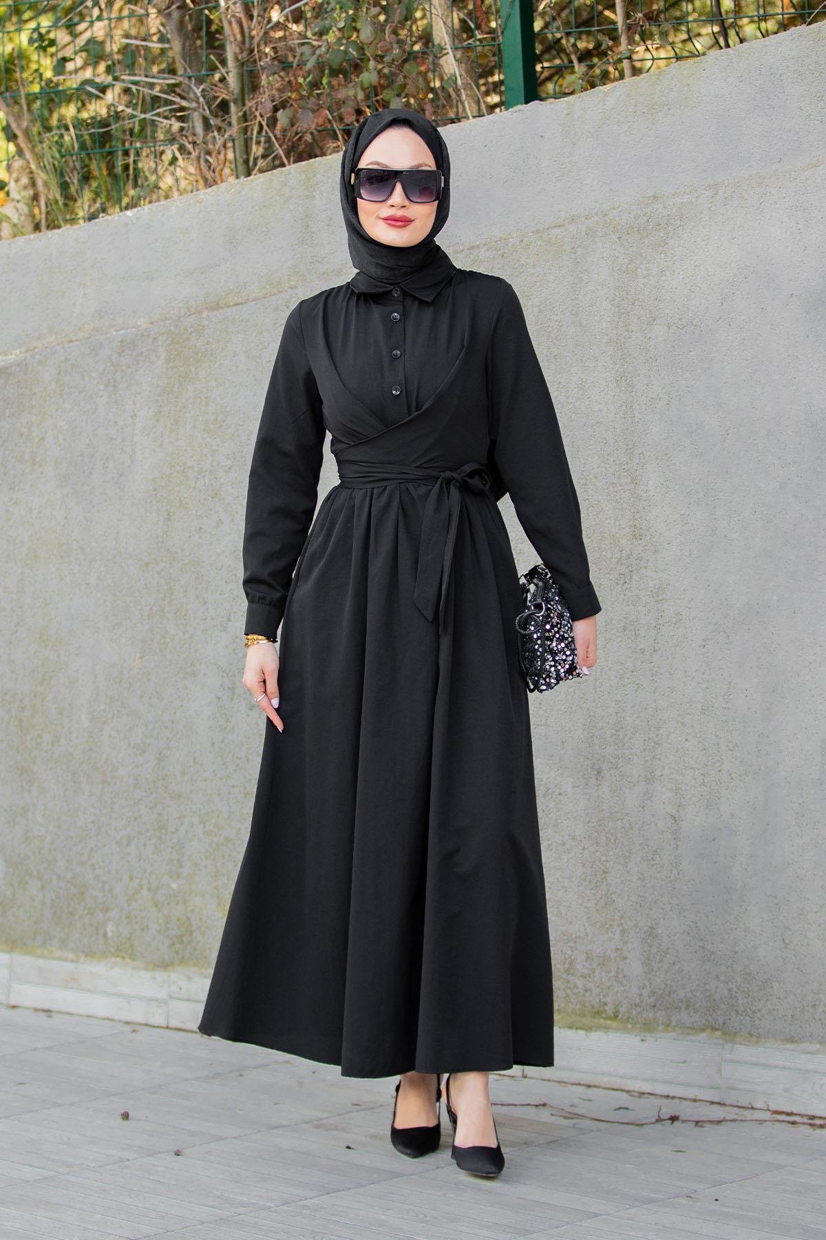Qua Pamuk Cotton Bağlamalı Elbise-Siyah