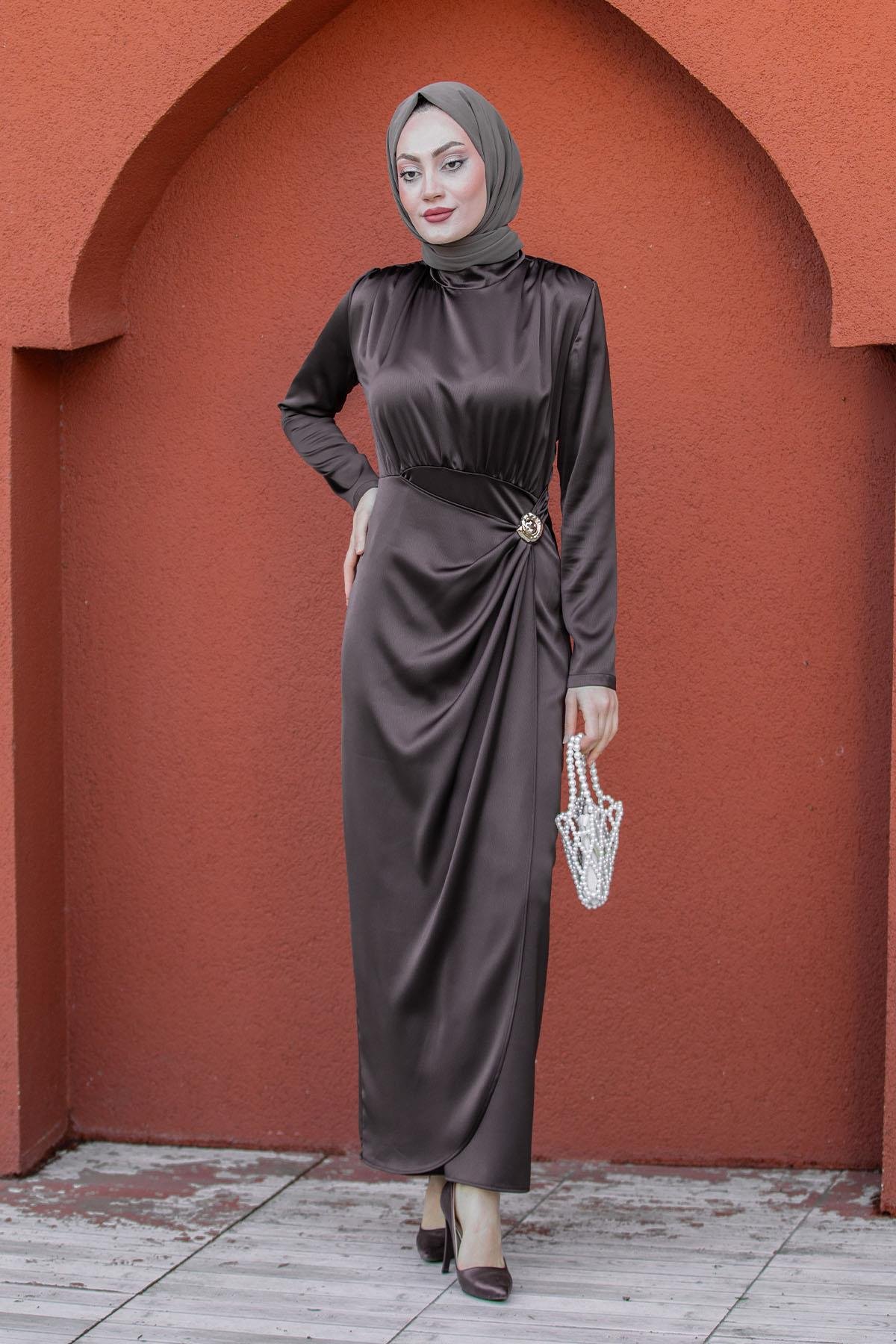 Qups Gold Aksesuar Saten Abiye-Kahverenk