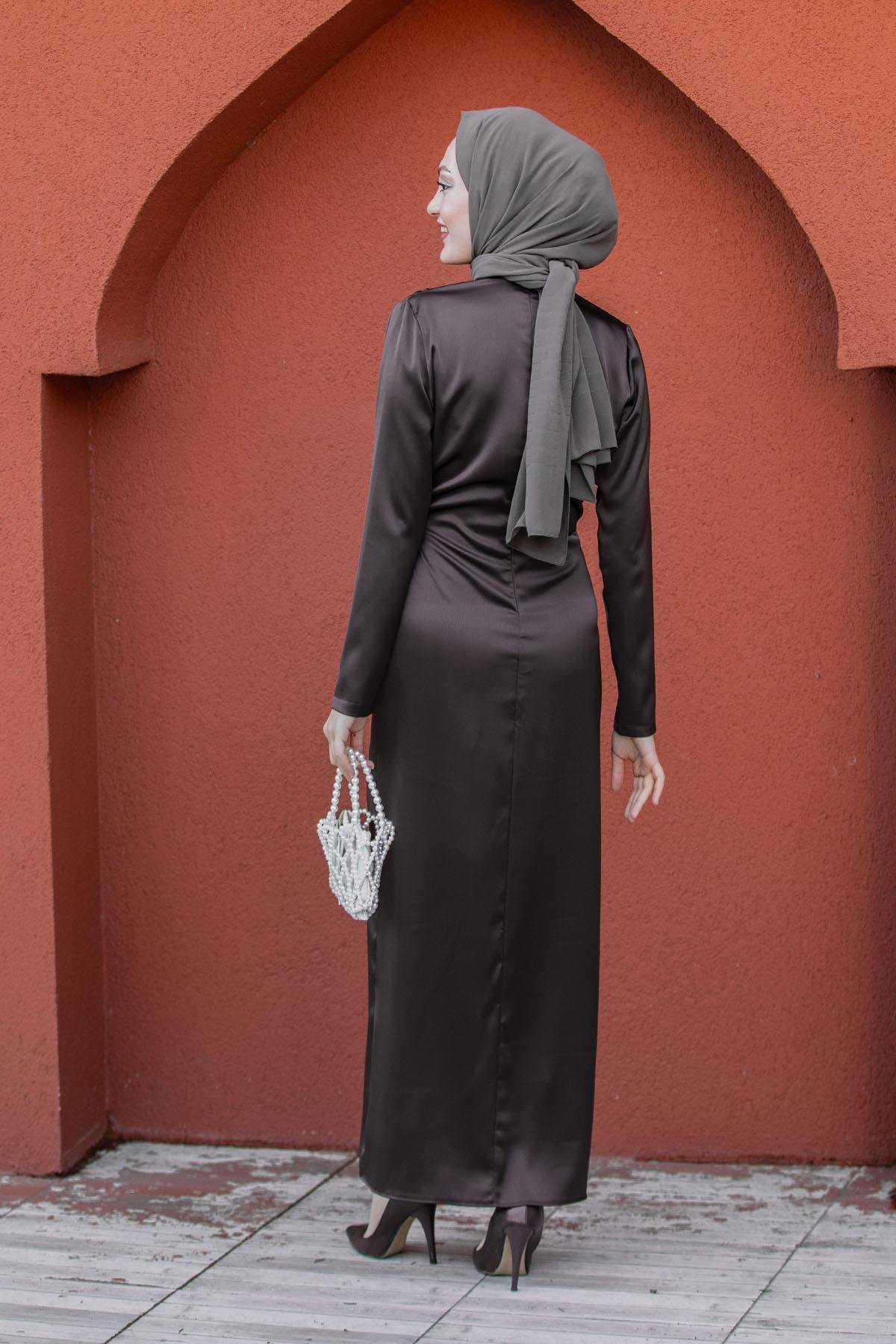 Qups Gold Aksesuar Saten Abiye-Kahverenk