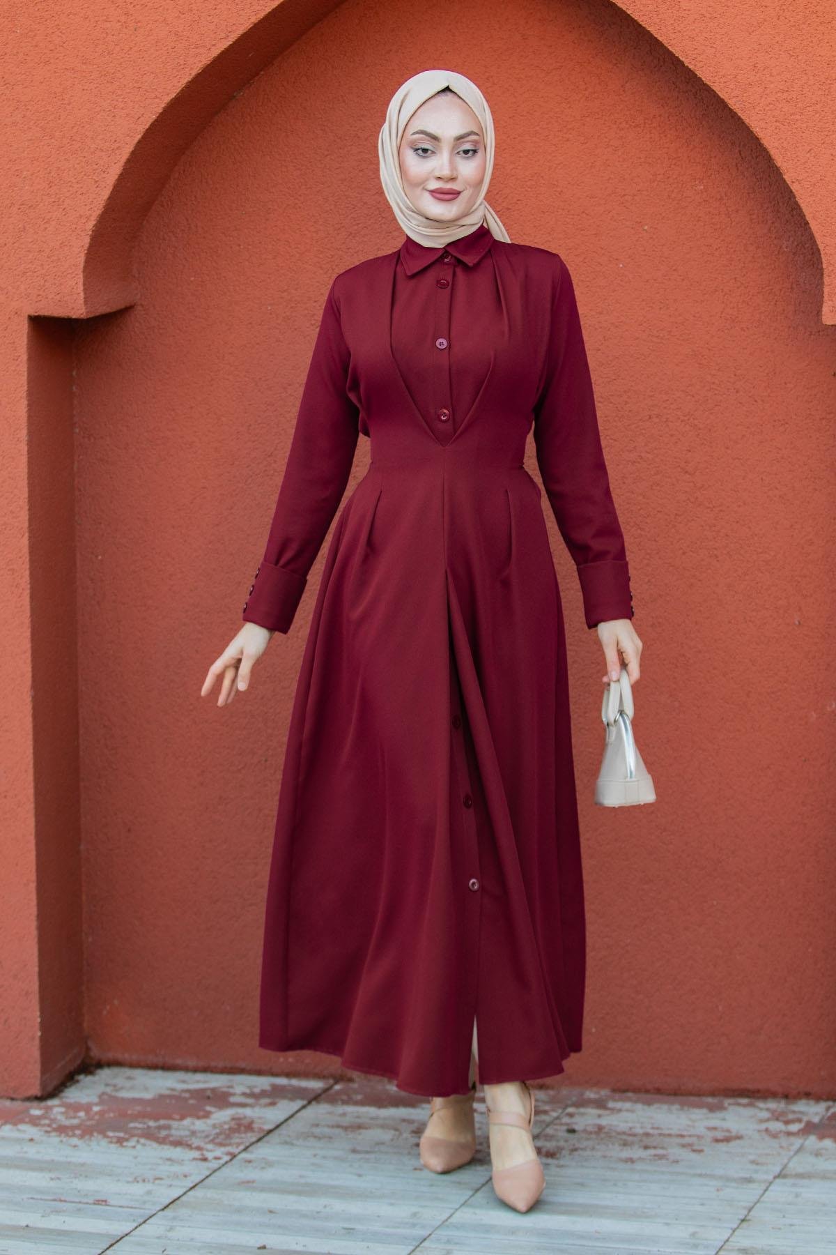 Rina Pile Detaylı Double Krep Elbise-Bordo