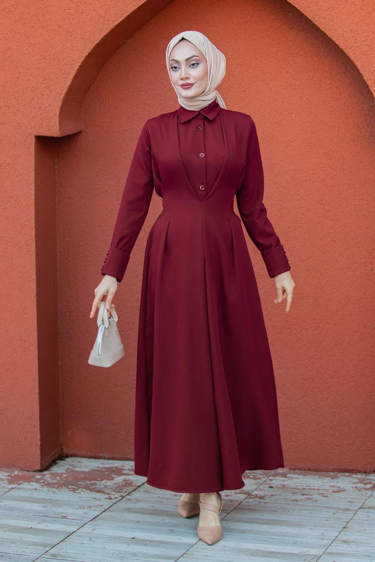 Rina Pile Detaylı Double Krep Elbise-Bordo