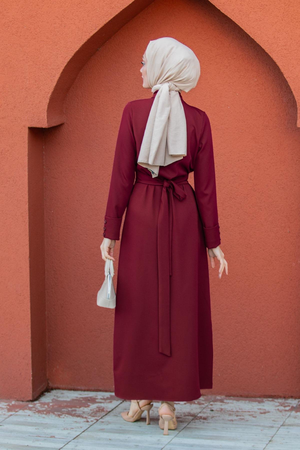 Rina Pile Detaylı Double Krep Elbise-Bordo