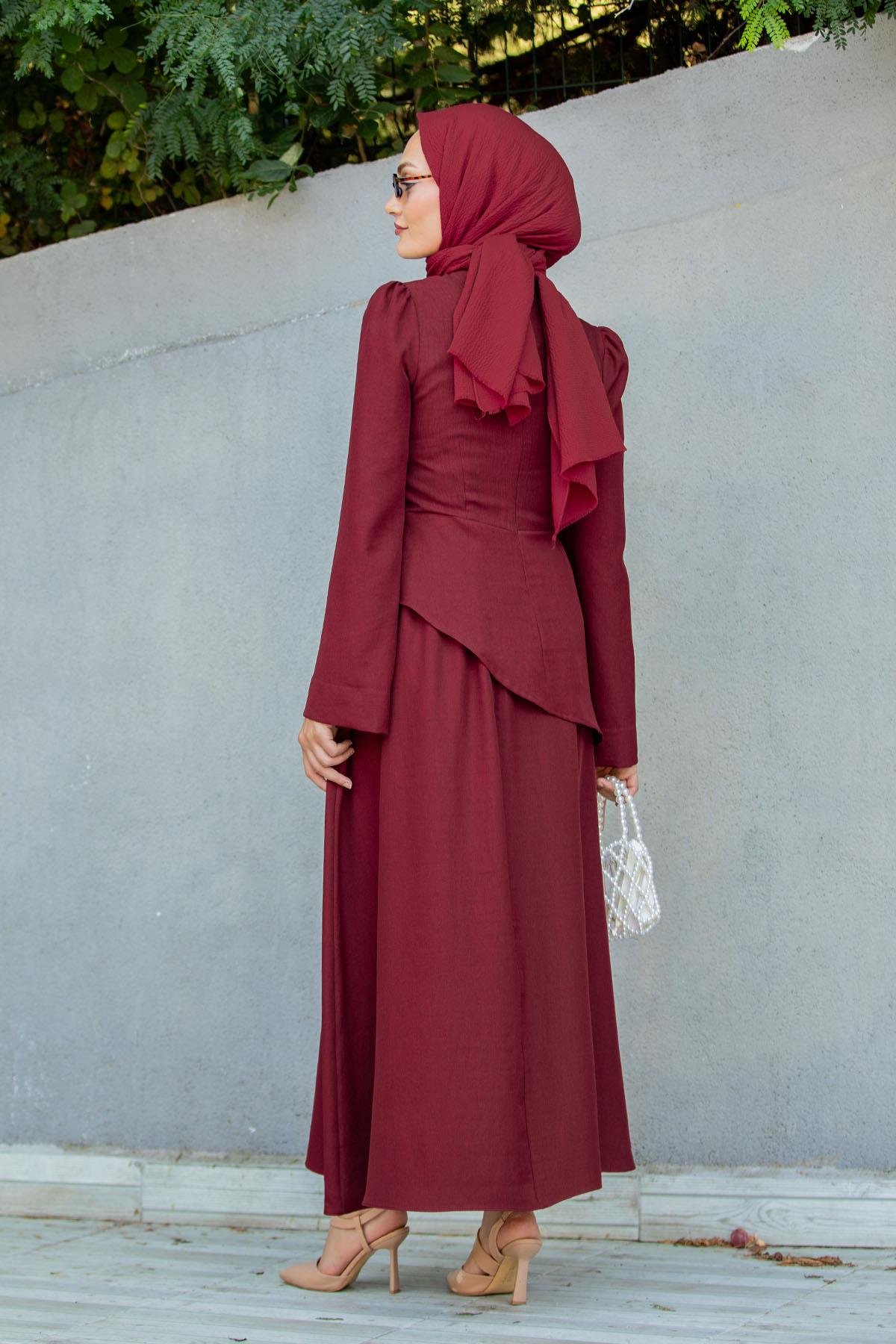 Rise Keten Broşlu Bluz Etek Takım-Bordo